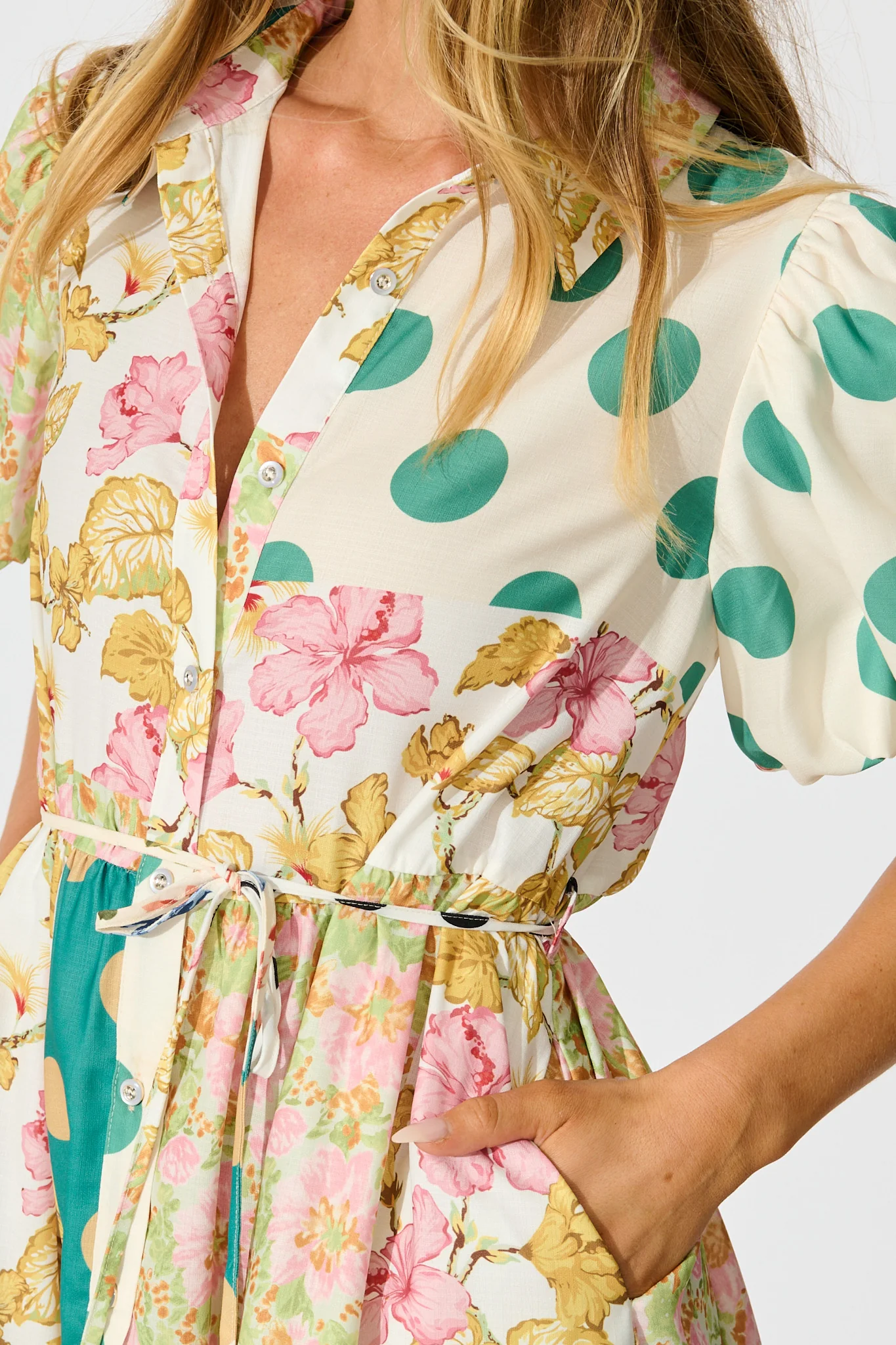 Breeanne Shirt Dress in Multi Green Patchwork Print - Image 5