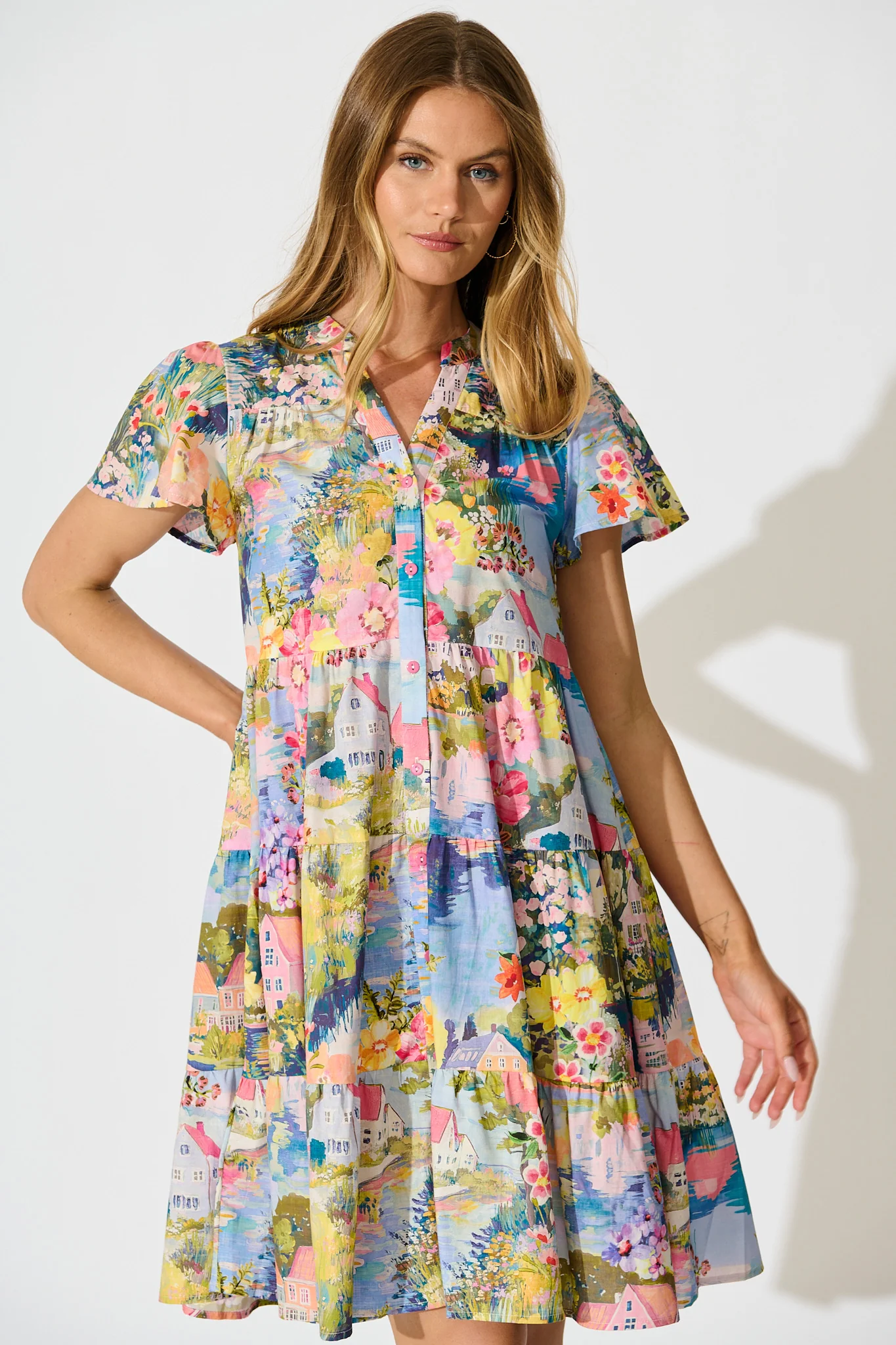 Briene Smock Dress in Multi Landscape Floral Cotton - Image 2
