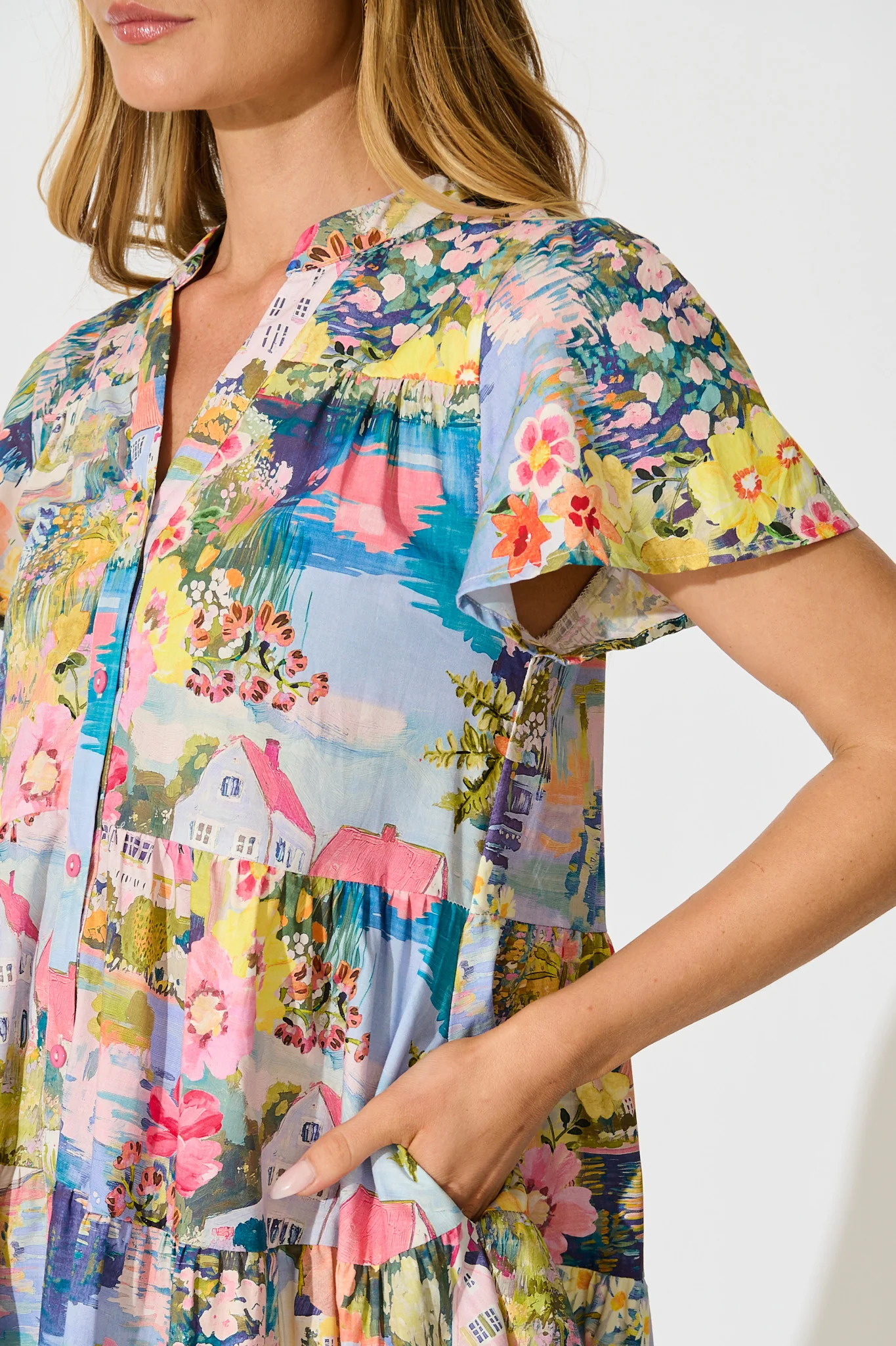 Briene Smock Dress in Multi Landscape Floral Cotton - Image 5