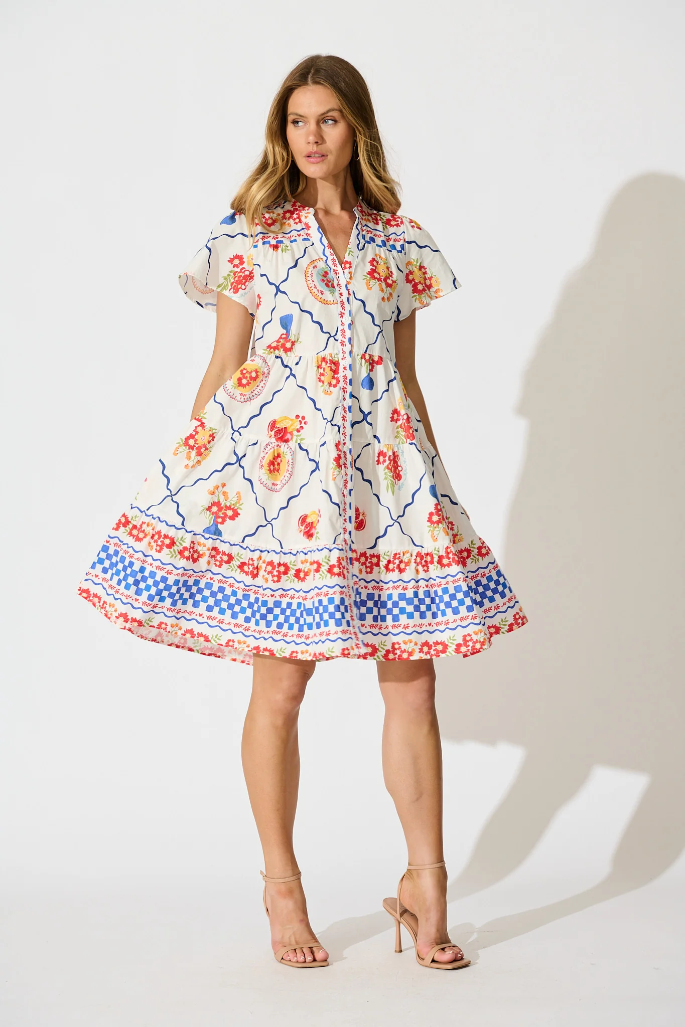 Briene Smock Dress in White Multi Tile Cotton