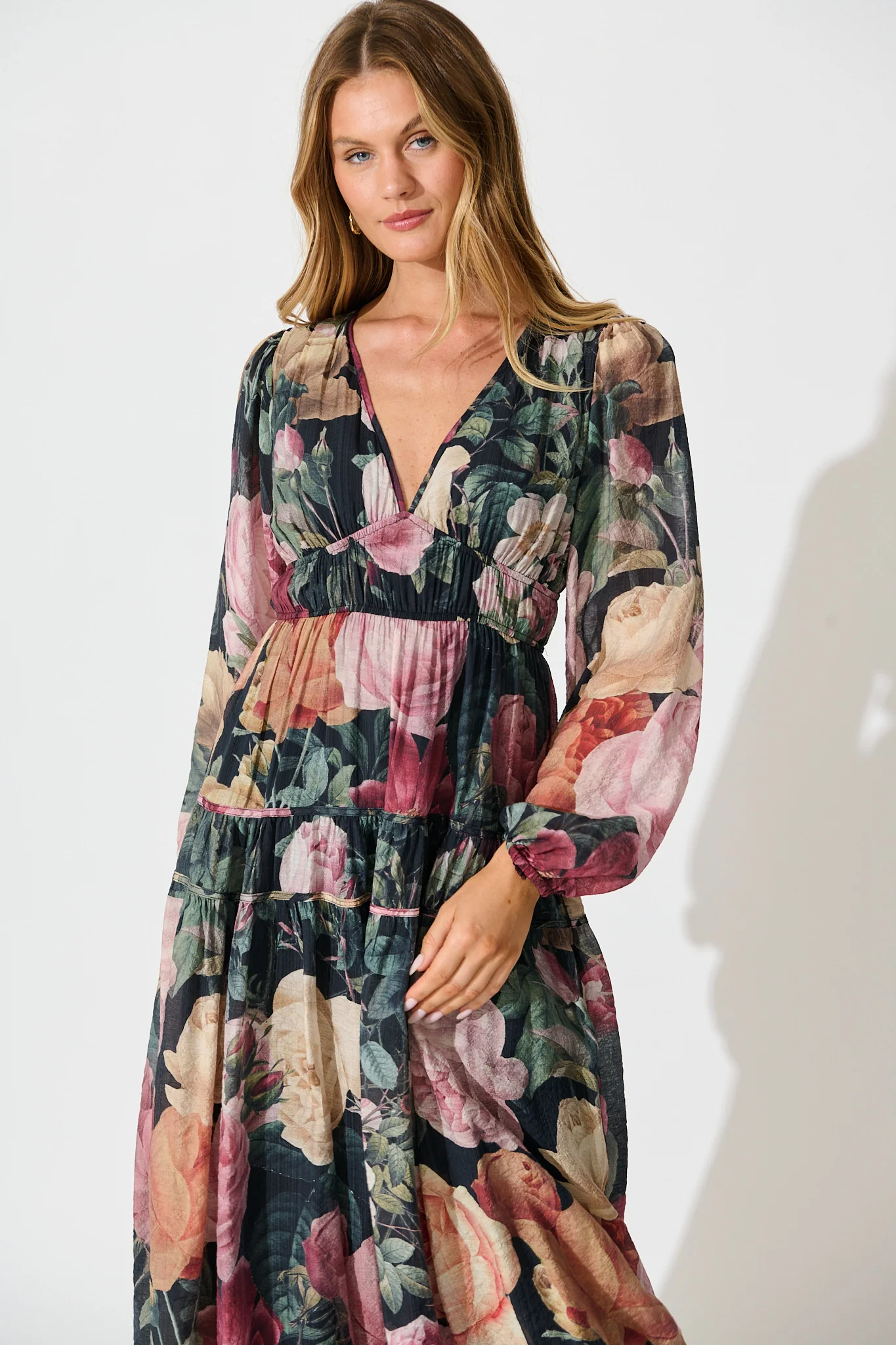 Brigette Midi Dress in Black with Multi Floral Print - Image 2