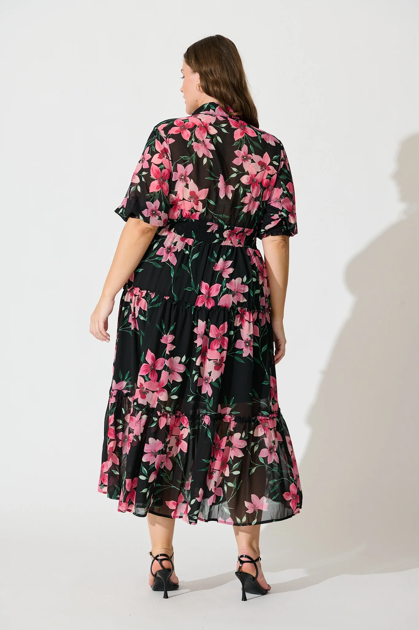 Brittney Midi Dress In Black And Pink Floral Chiffon - Image 9