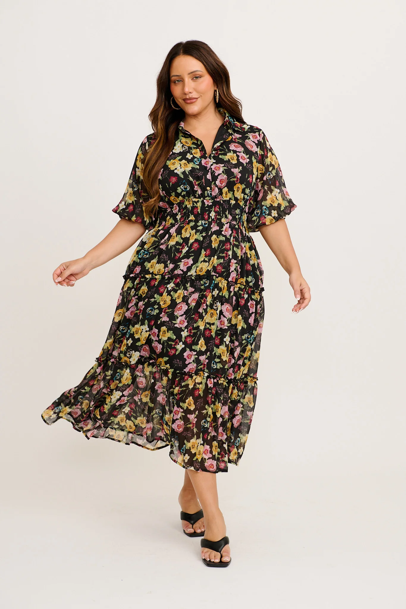 Brittney Midi Dress in Black Multi Floral Chiffon