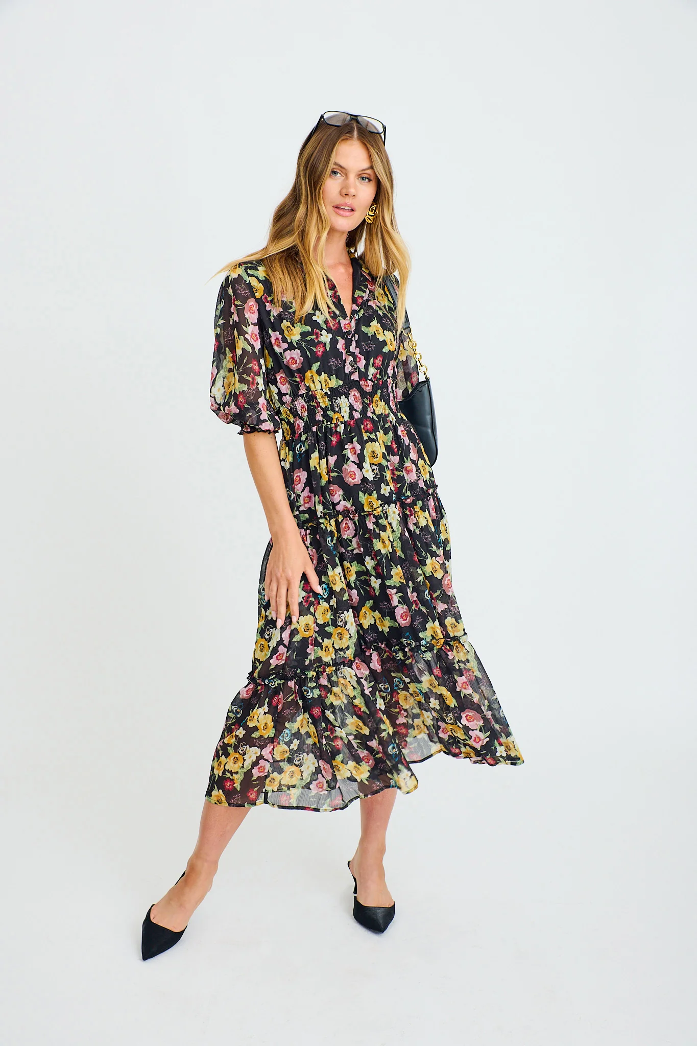 Brittney Midi Dress in Black Multi Floral Chiffon - Image 2