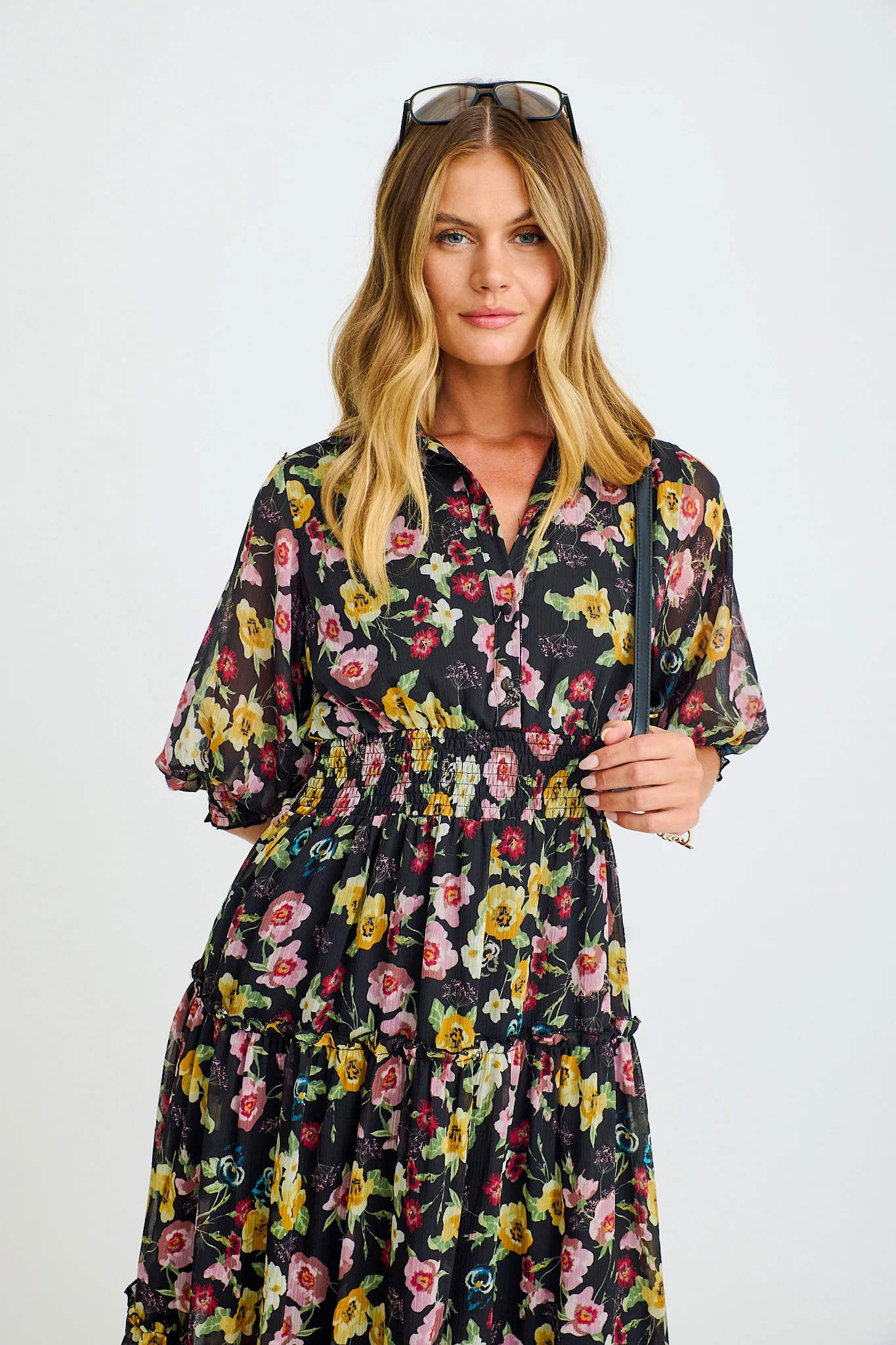 Brittney Midi Dress in Black Multi Floral Chiffon - Image 6