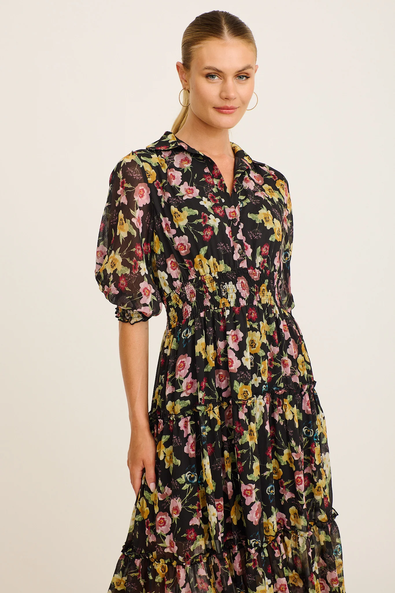Brittney Midi Dress in Black Multi Floral Chiffon - Image 8