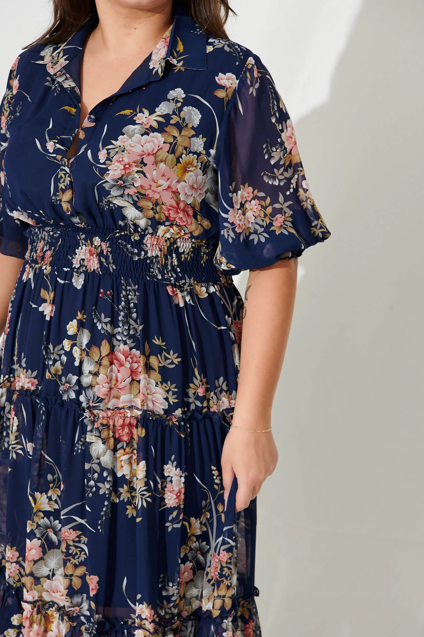 Brittney Midi Dress In Navy And Pink Floral Chiffon - Image 10