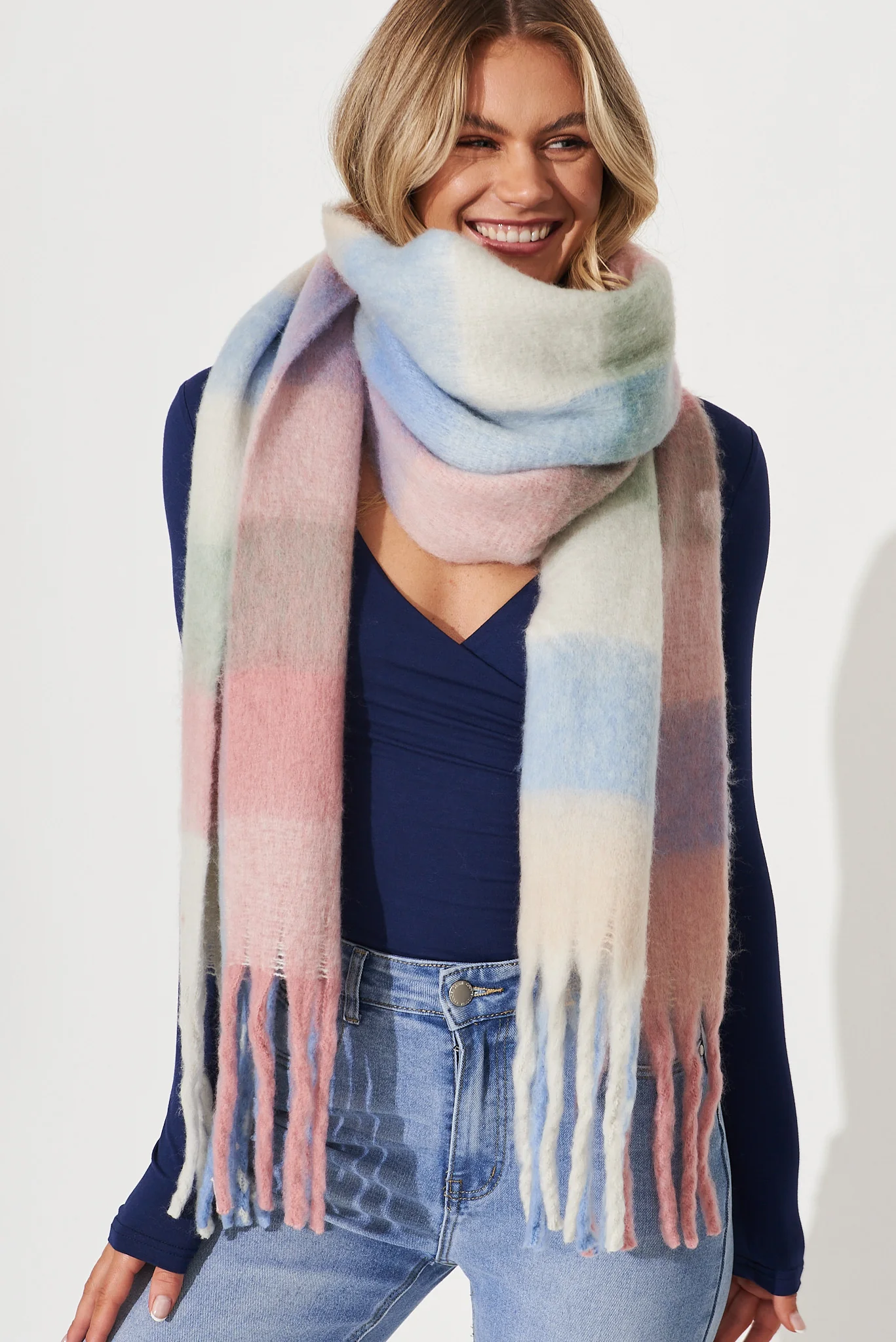 Brooklyn Oversized Knit Scarf In Multi Pastel With Pink And Blue Check - Image 2