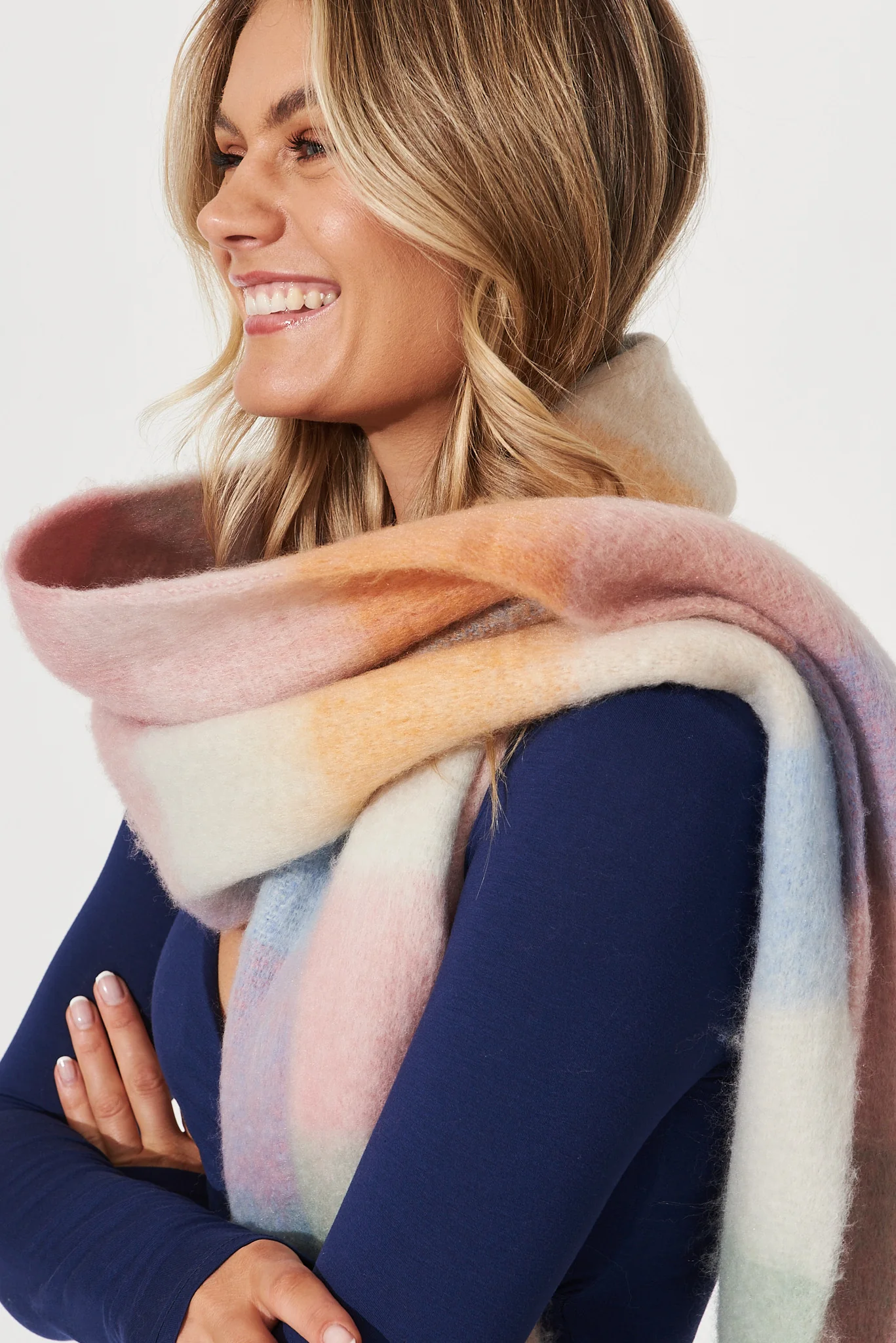 Brooklyn Oversized Knit Scarf In Multi Pastel With Pink And Blue Check - Image 4