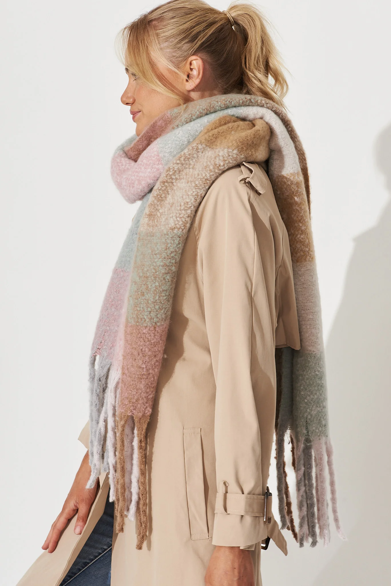 Brooklyn Oversized Knit Scarf In Multi Pastel Check - Image 2