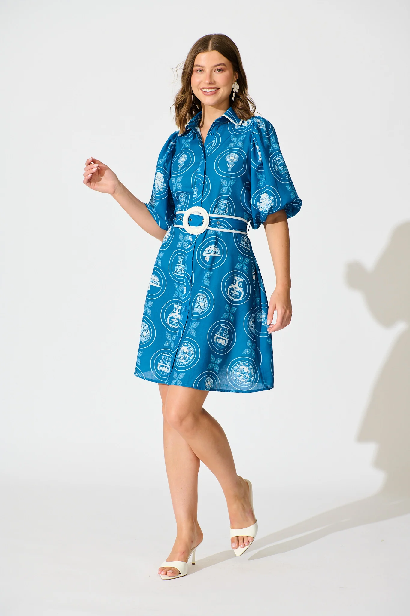 Brooks Shirt Dress in Blue Tiles Linen Blend