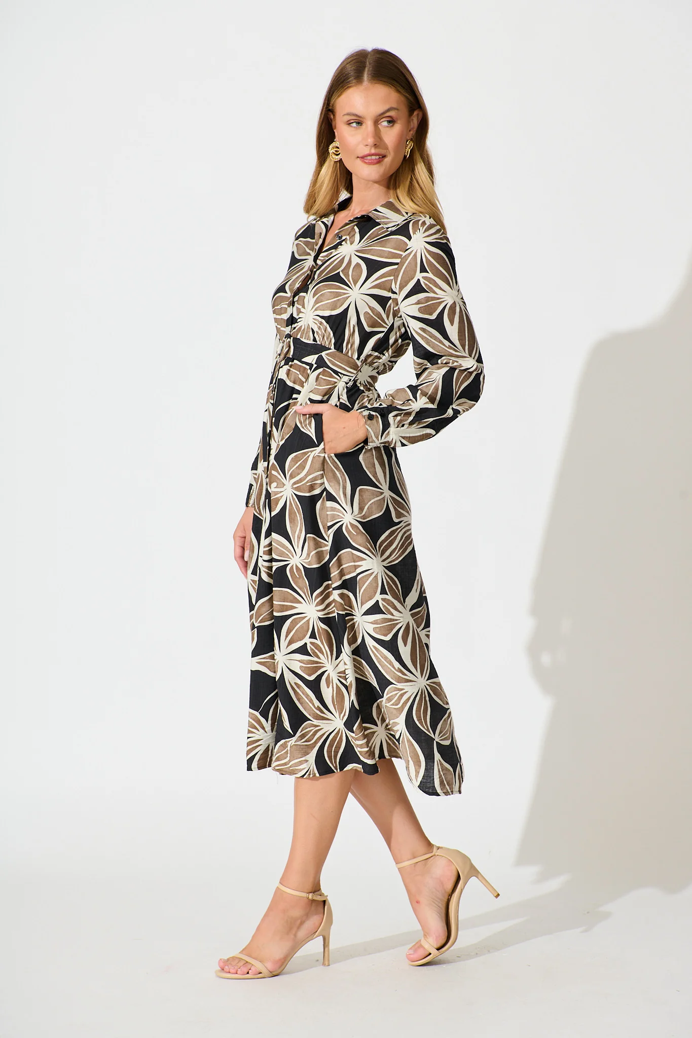 Brunswick Midi Shirt Dress in Black with Brown Leaf - Image 3