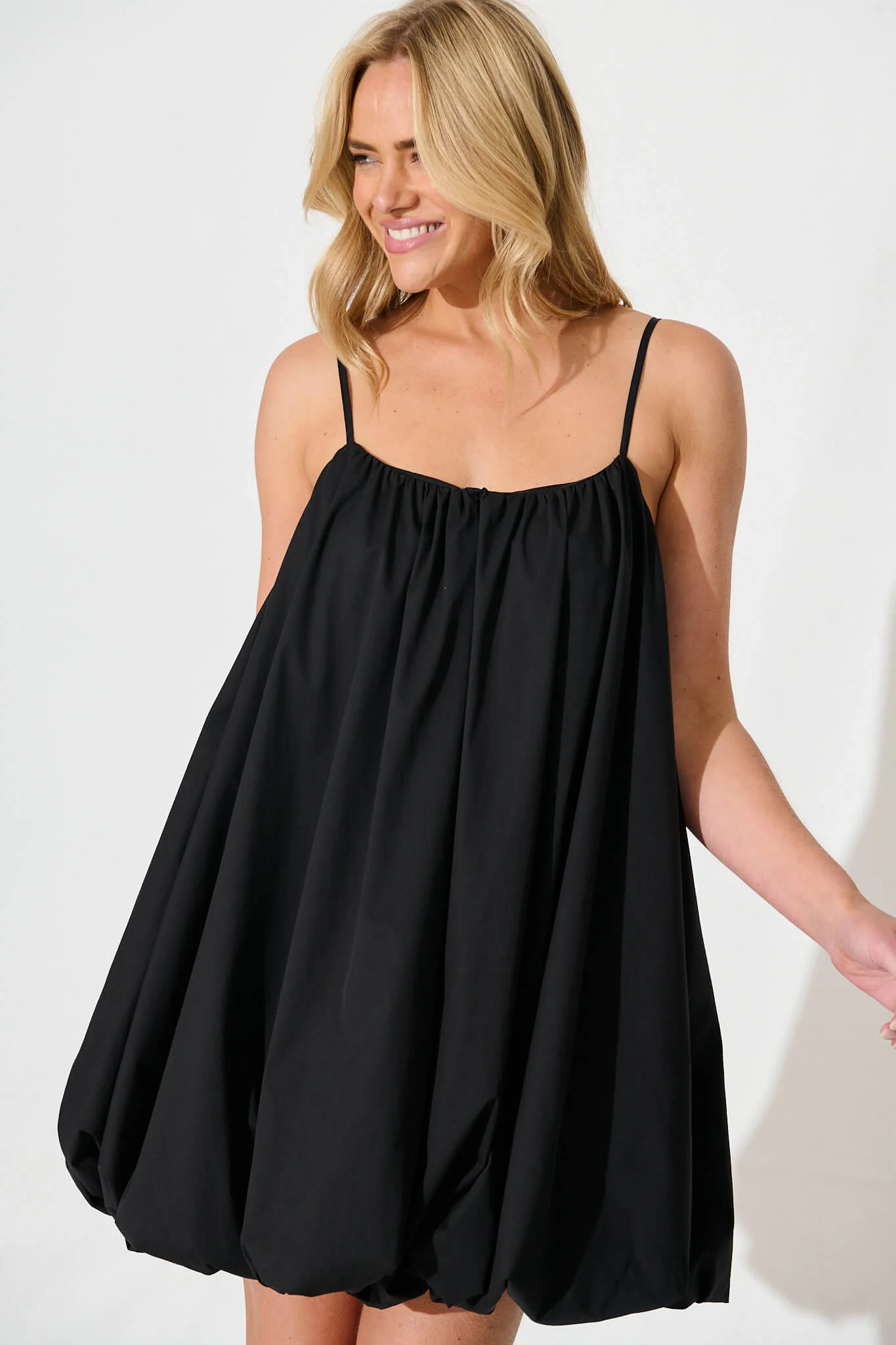 Bryson Bubble Hem Dress in Black Cotton - Image 2