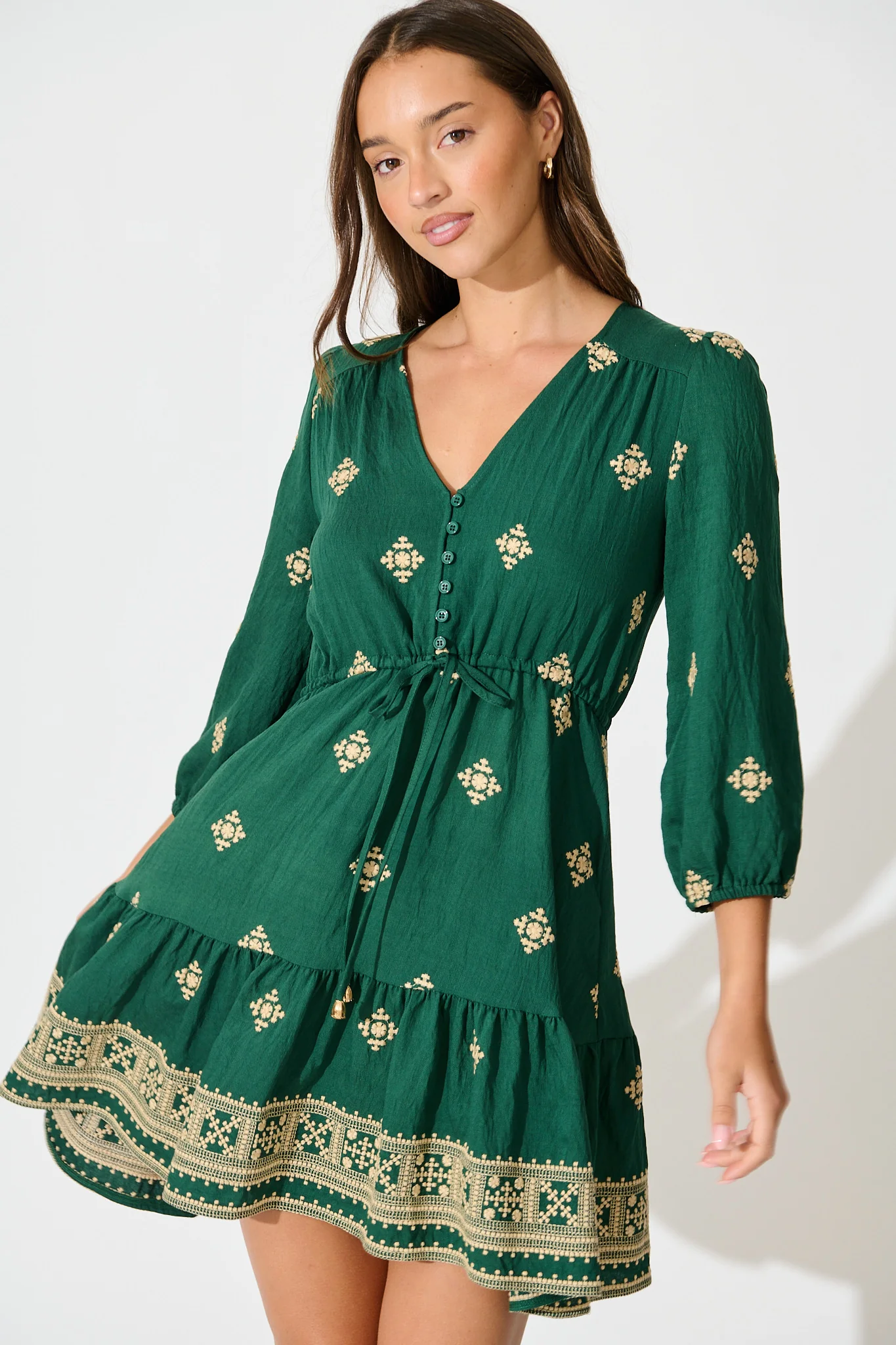 Byron Dress in Emerald with Cream Embroidery - Image 2