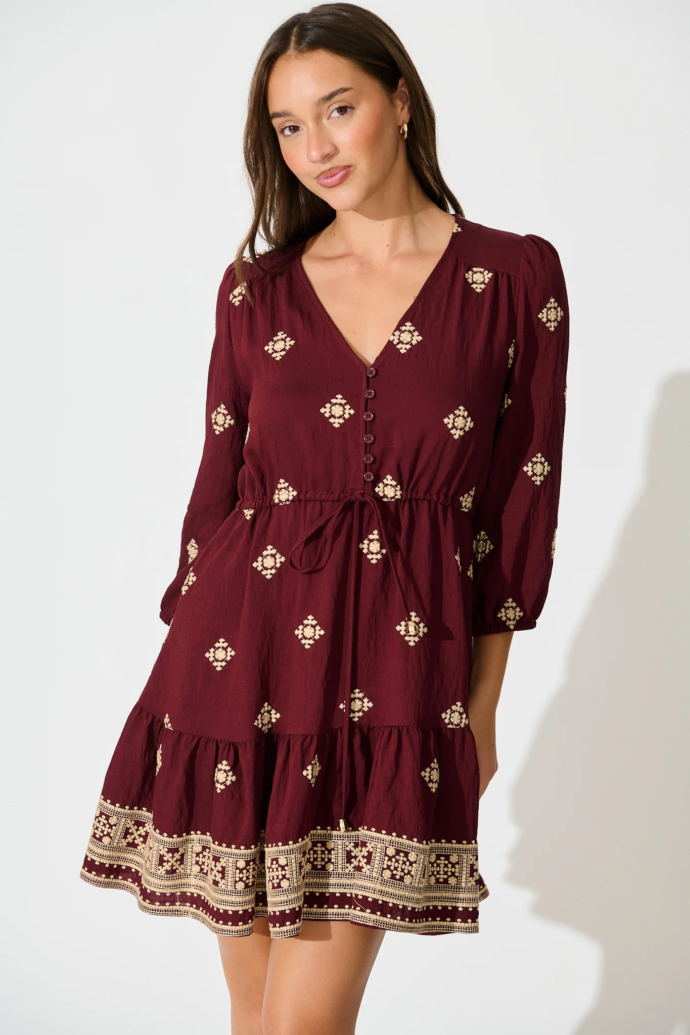 Byron Dress in Wine with Cream Embroidery - Image 2