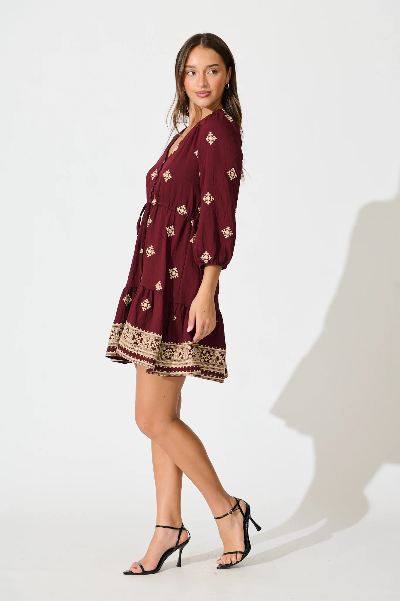 Byron Dress in Wine with Cream Embroidery - Image 3