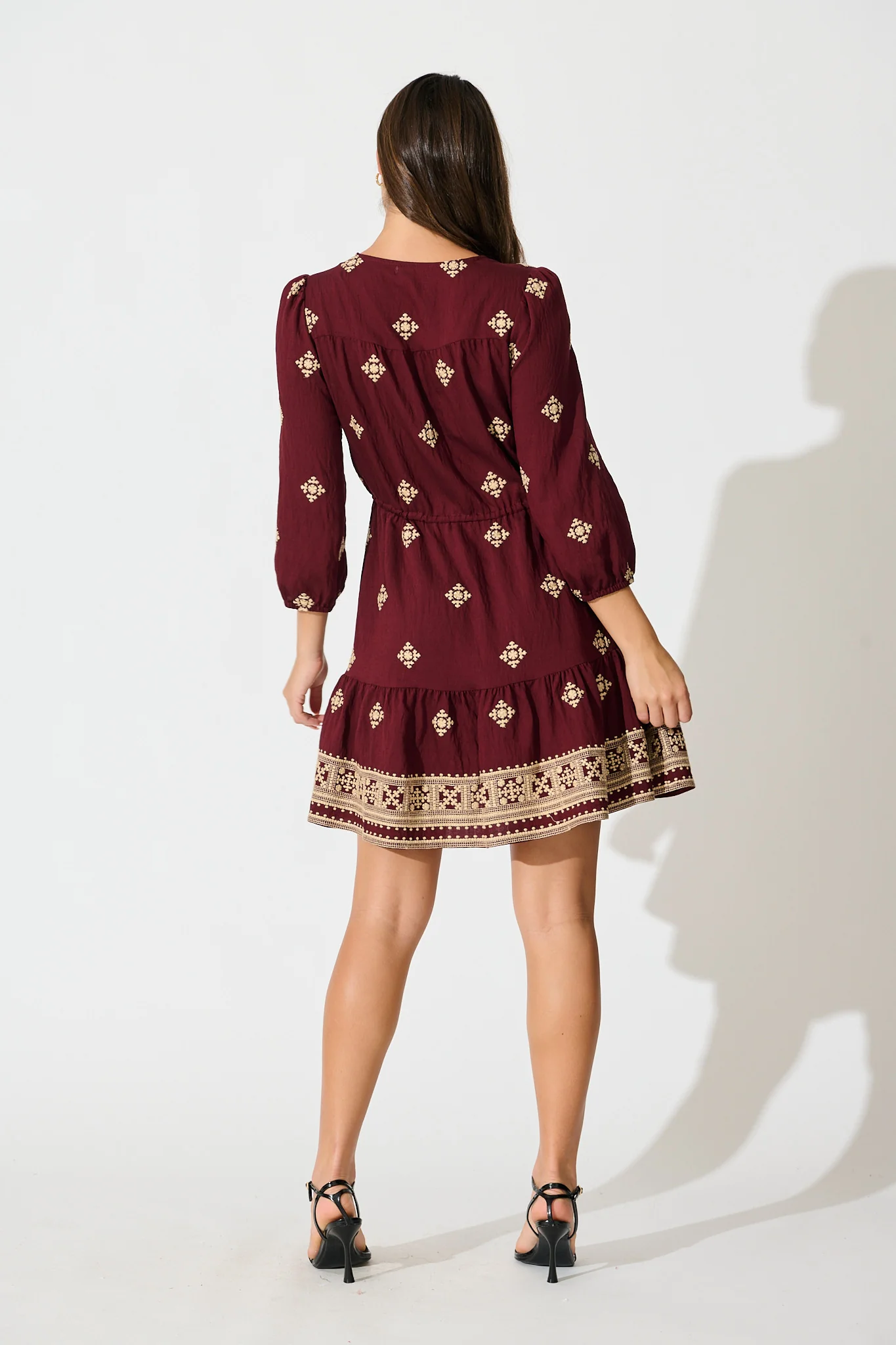 Byron Dress in Wine with Cream Embroidery - Image 4