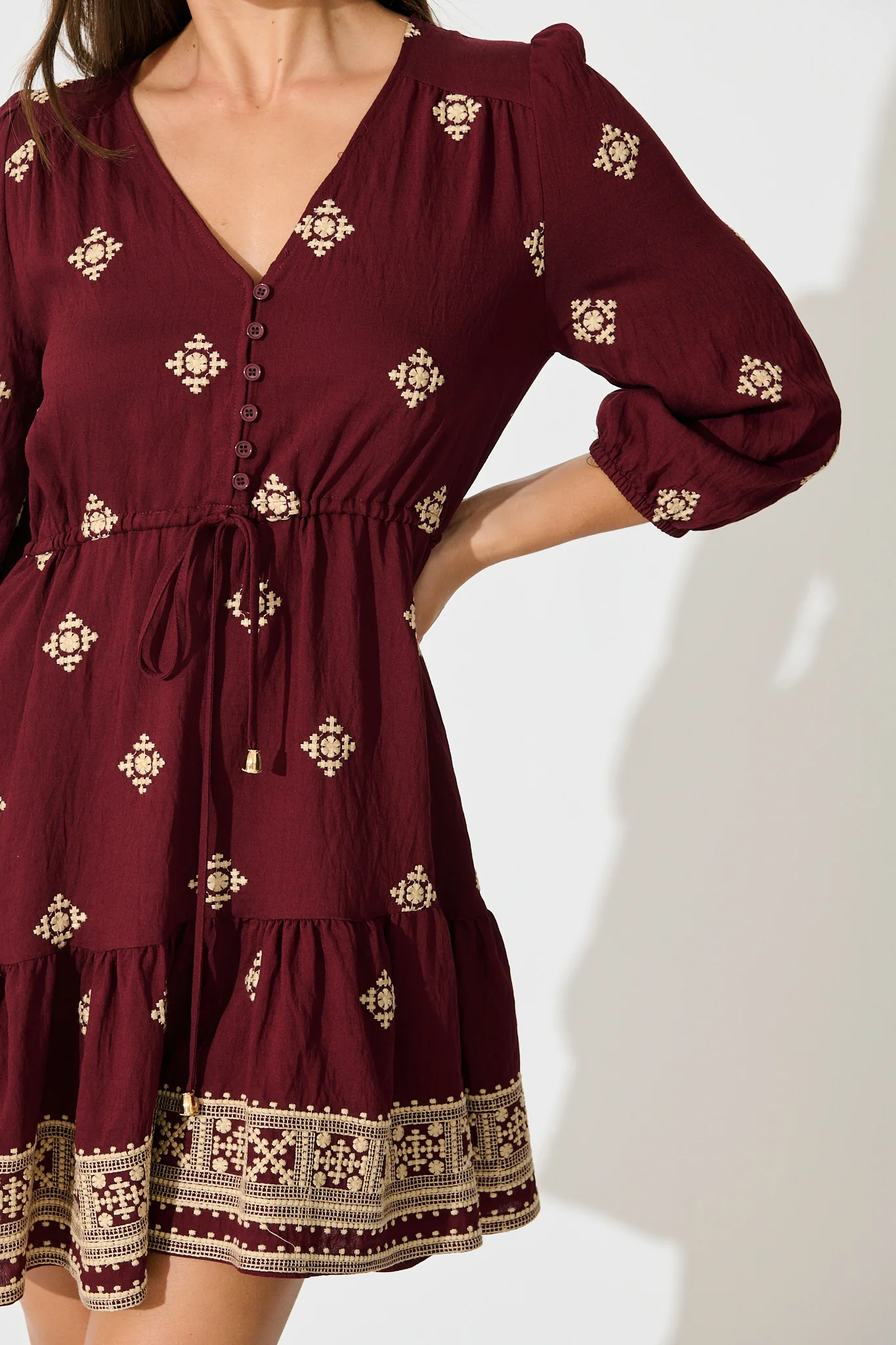 Byron Dress in Wine with Cream Embroidery - Image 5