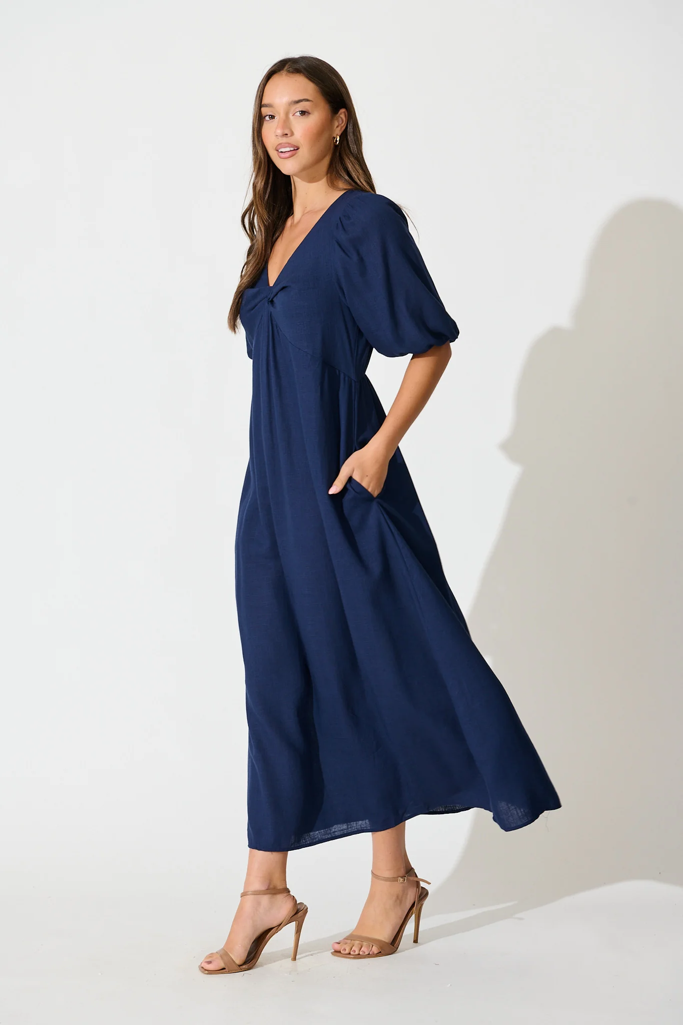 Calissa Midi Dress in Navy Linen Blend - Image 2