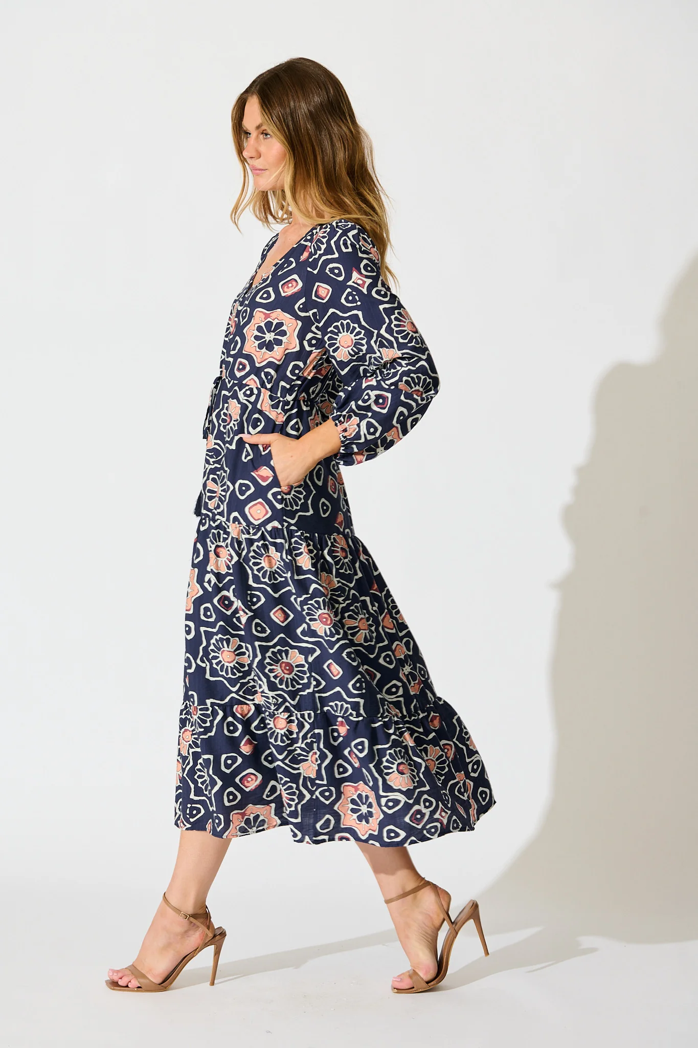 Calista Midi Dress in Navy Abstract Floral Print - Image 3