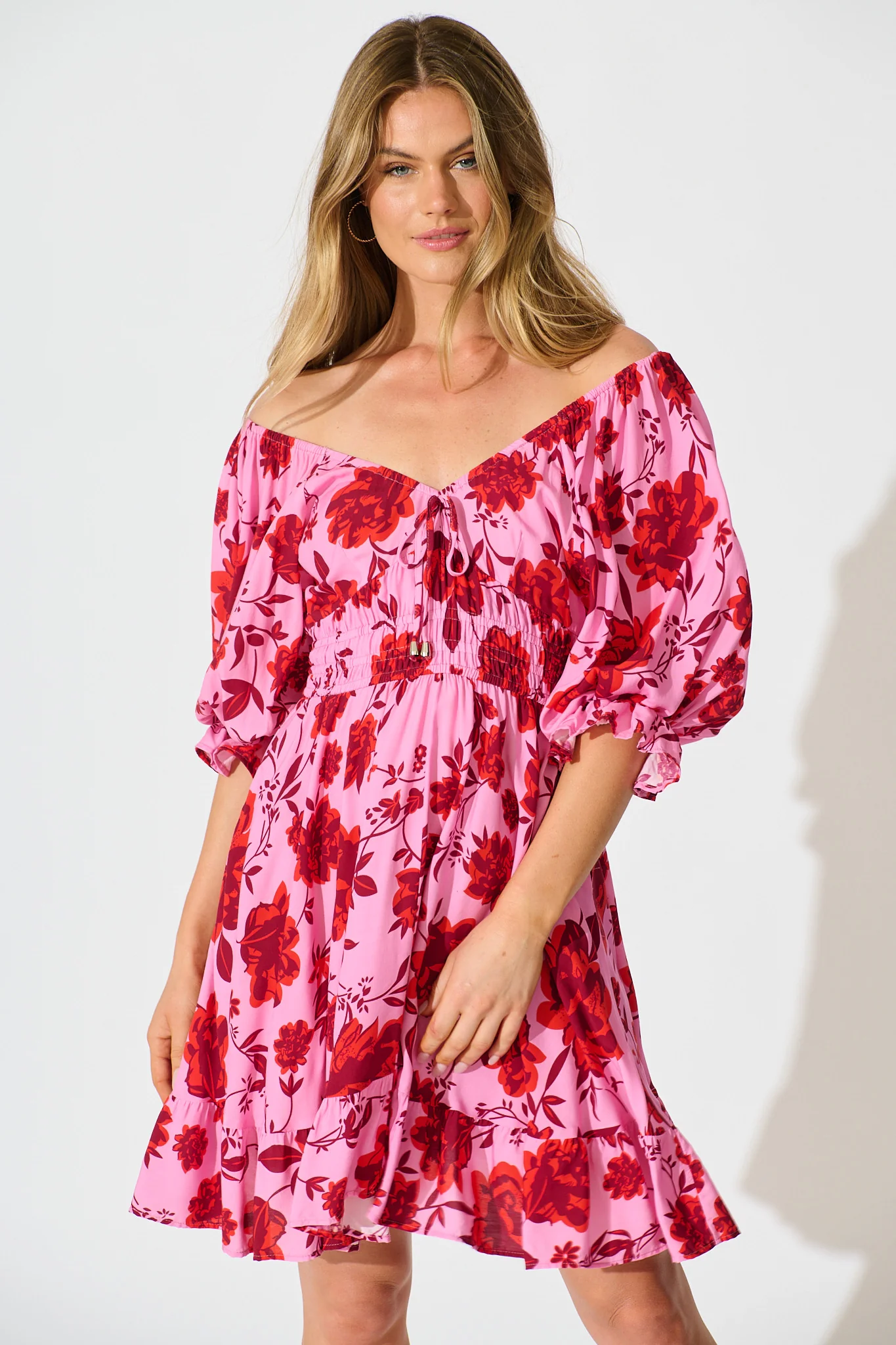 Calithea Dress in Pink with Red Floral Print - Image 2
