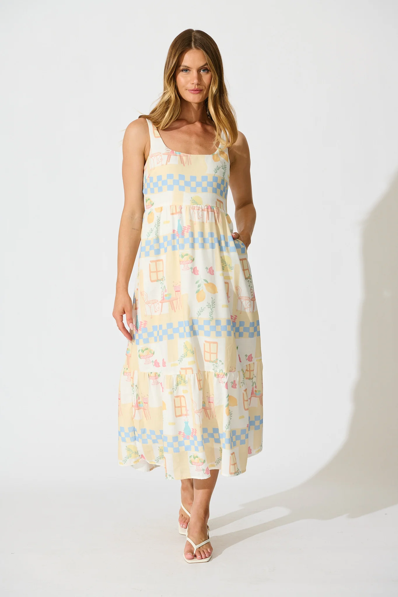 Calli Midi Sundress in Yellow Multi Lemon Linen Blend