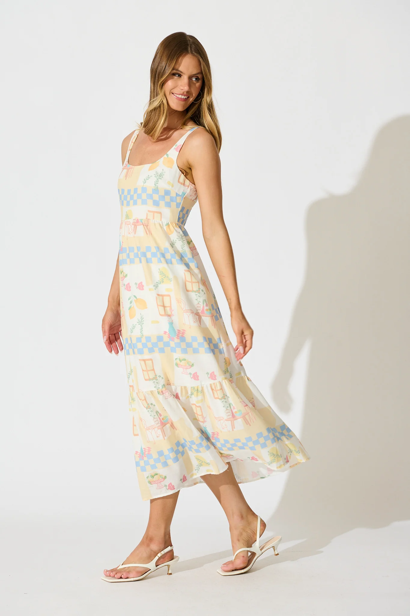 Calli Midi Sundress in Yellow Multi Lemon Linen Blend - Image 3