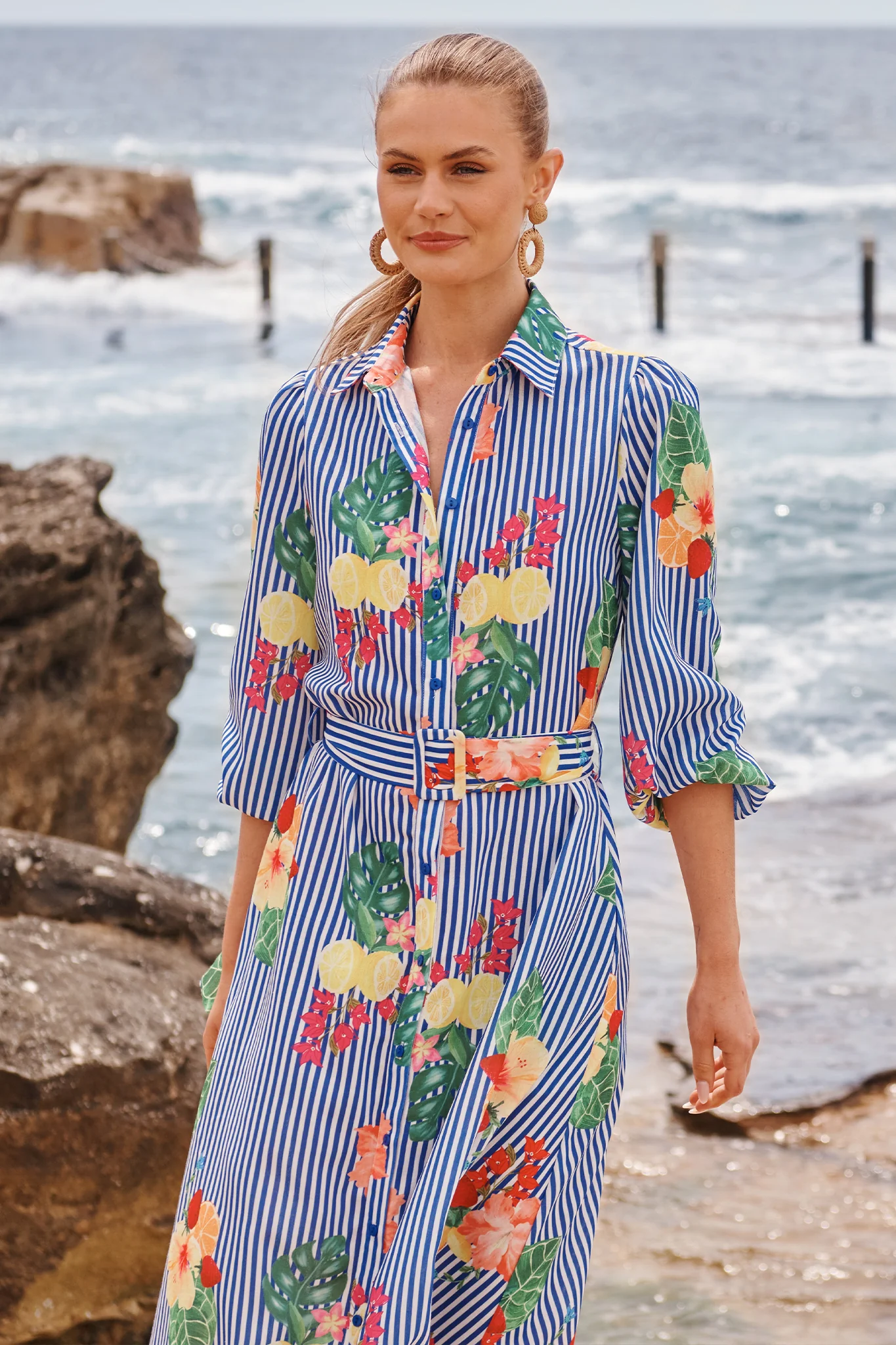 Callidora Maxi Shirt Dress in Blue Stripe Print Linen Blend - Image 2