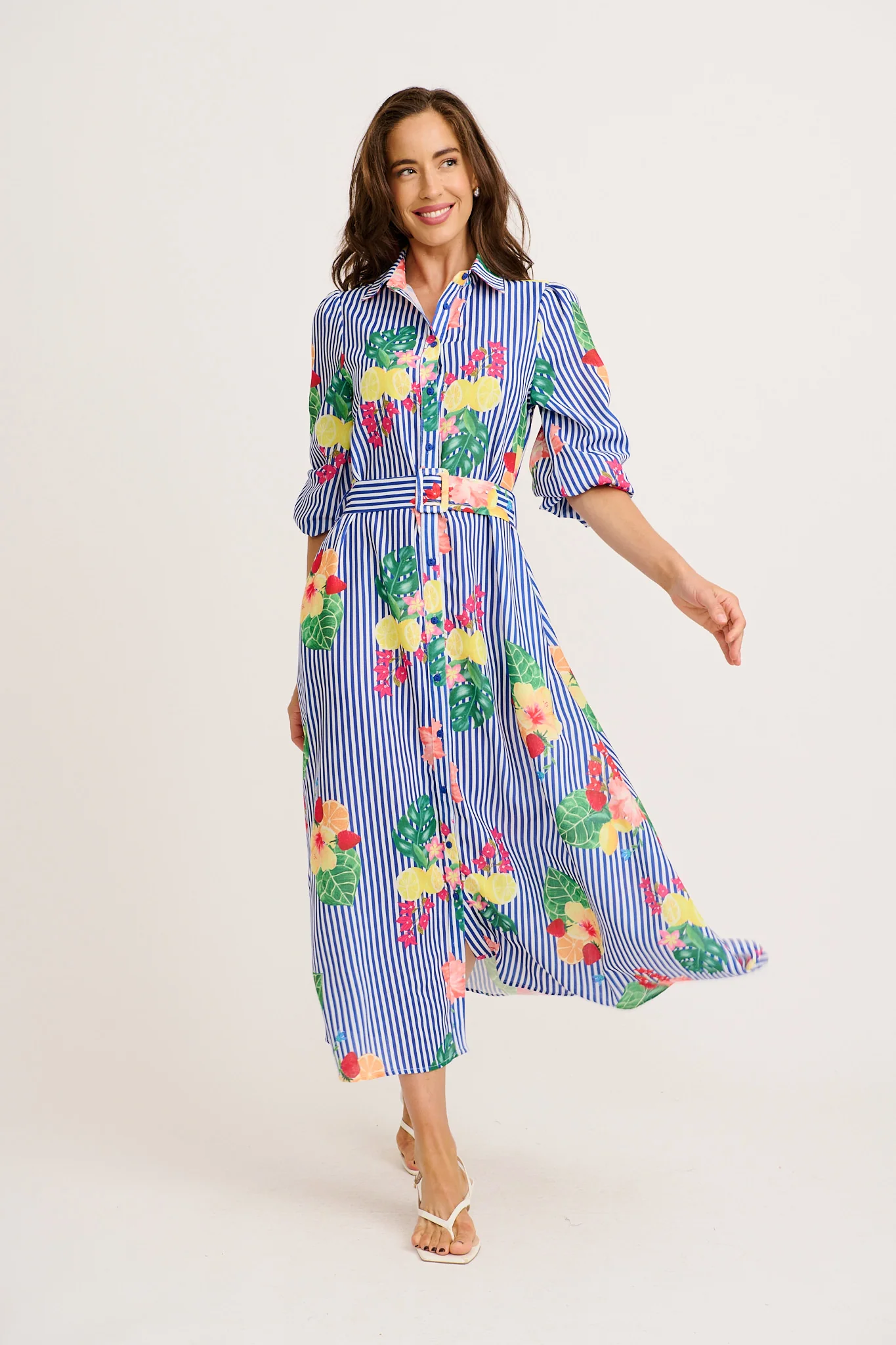 Callidora Maxi Shirt Dress in Blue Stripe Print Linen Blend - Image 3