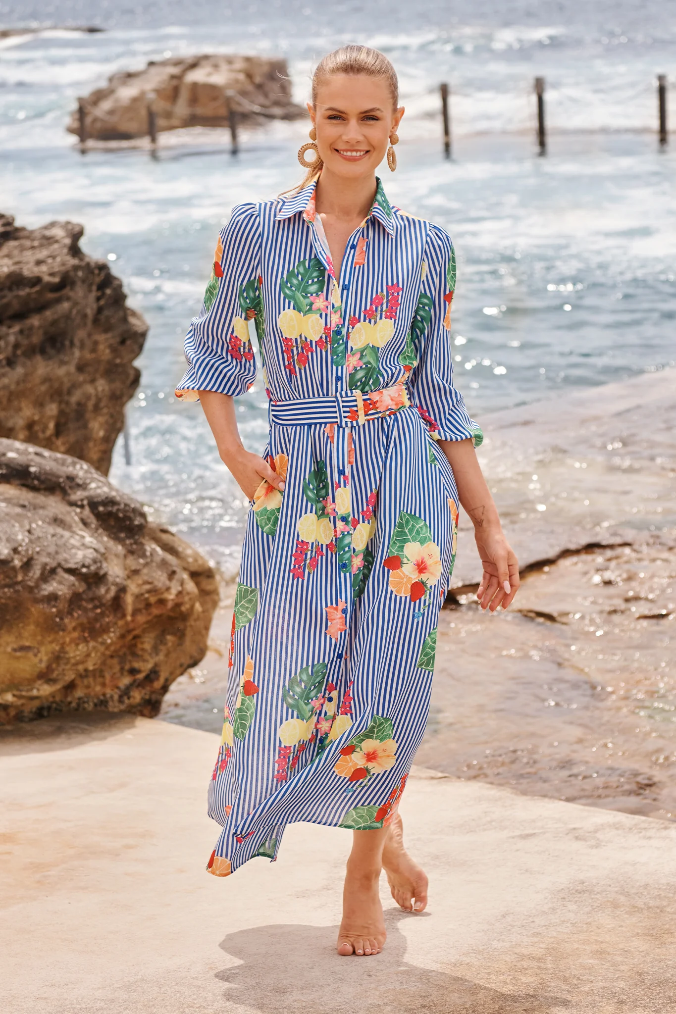 Callidora Maxi Shirt Dress in Blue Stripe Print Linen Blend - Image 4