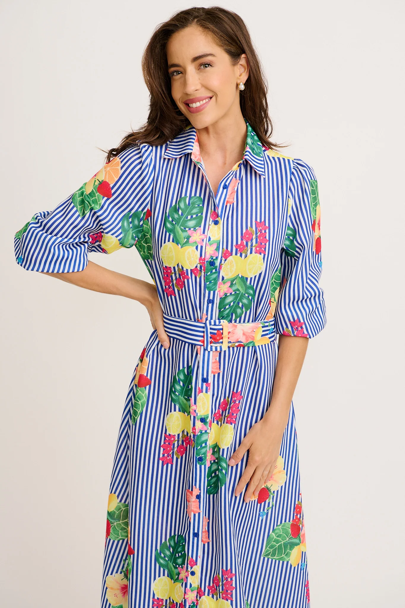 Callidora Maxi Shirt Dress in Blue Stripe Print Linen Blend - Image 7