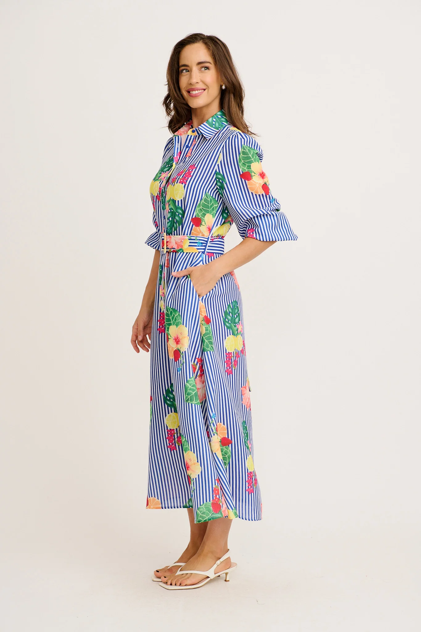Callidora Maxi Shirt Dress in Blue Stripe Print Linen Blend - Image 8