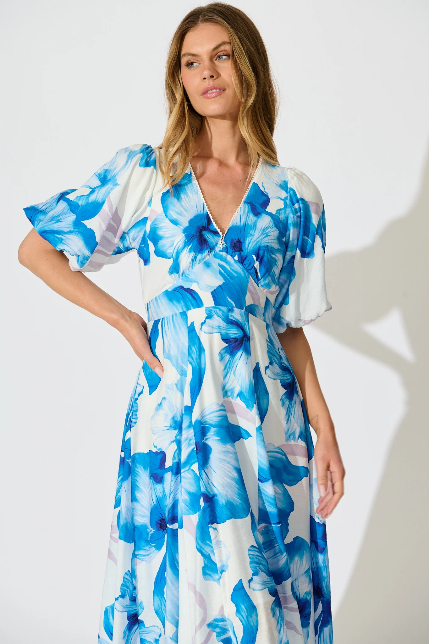 Callista Midi Dress in White with Blue Floral - Image 2