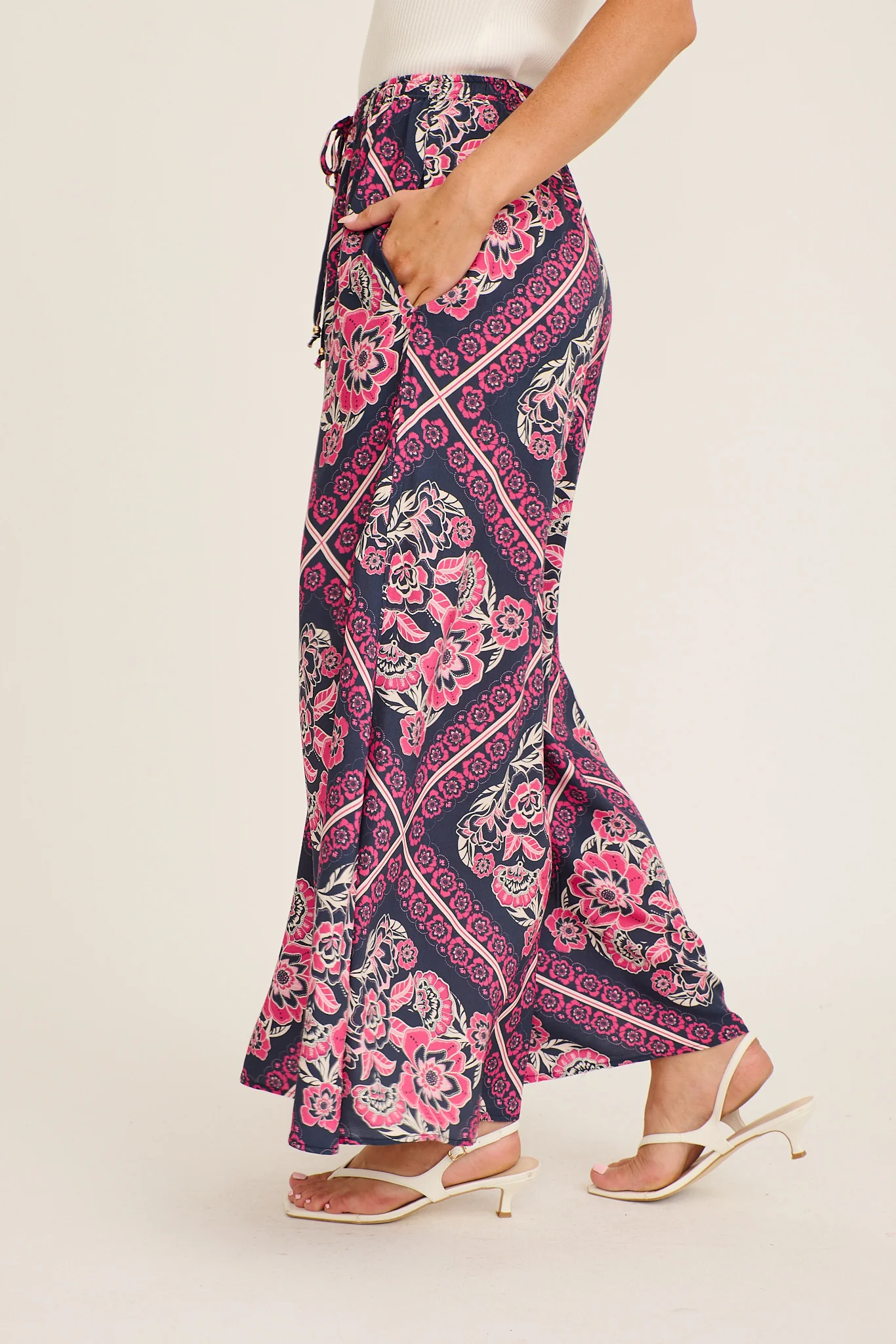 Cambree Pants in Navy with Pink Floral Tiles Print - Image 3