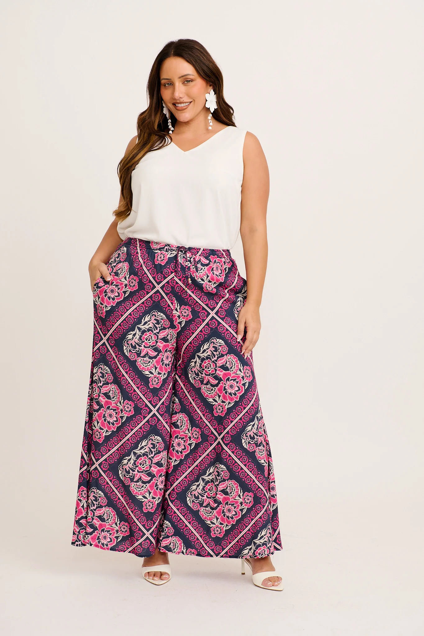 Cambree Pants in Navy with Pink Floral Tiles Print - Image 6