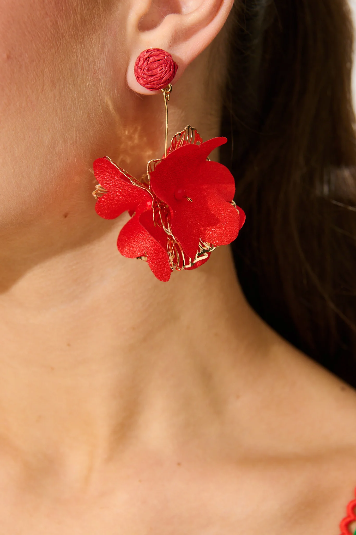 Camila Statement Earrings in Red and Gold Floral - Image 3