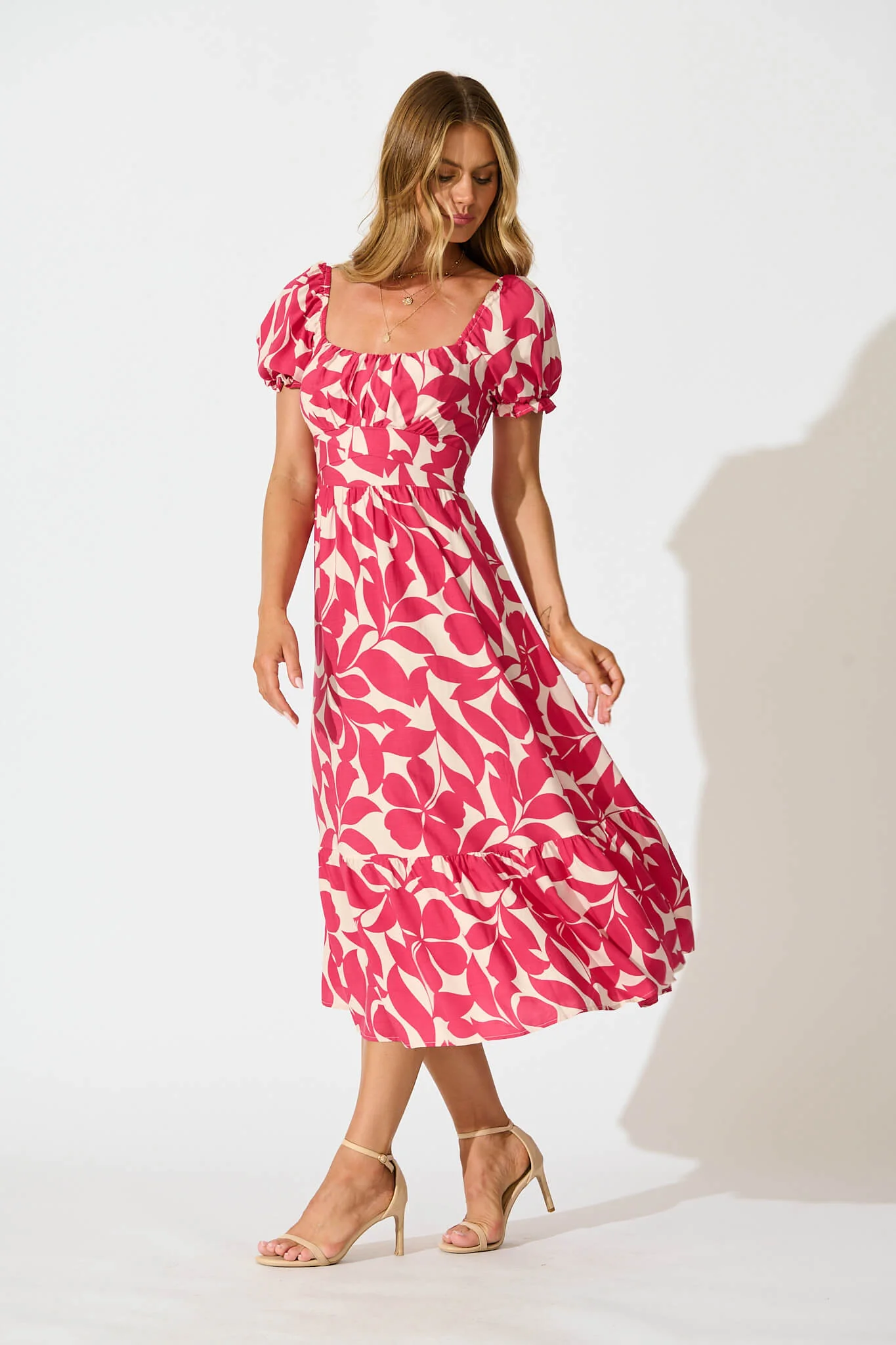 Candie Midi Dress In Pink Leaf - Image 3