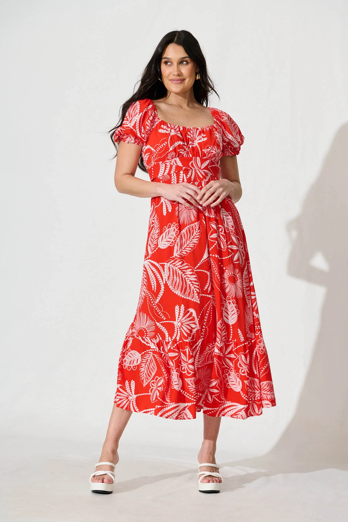 Candie Midi Dress In Red with White Print - Image 2