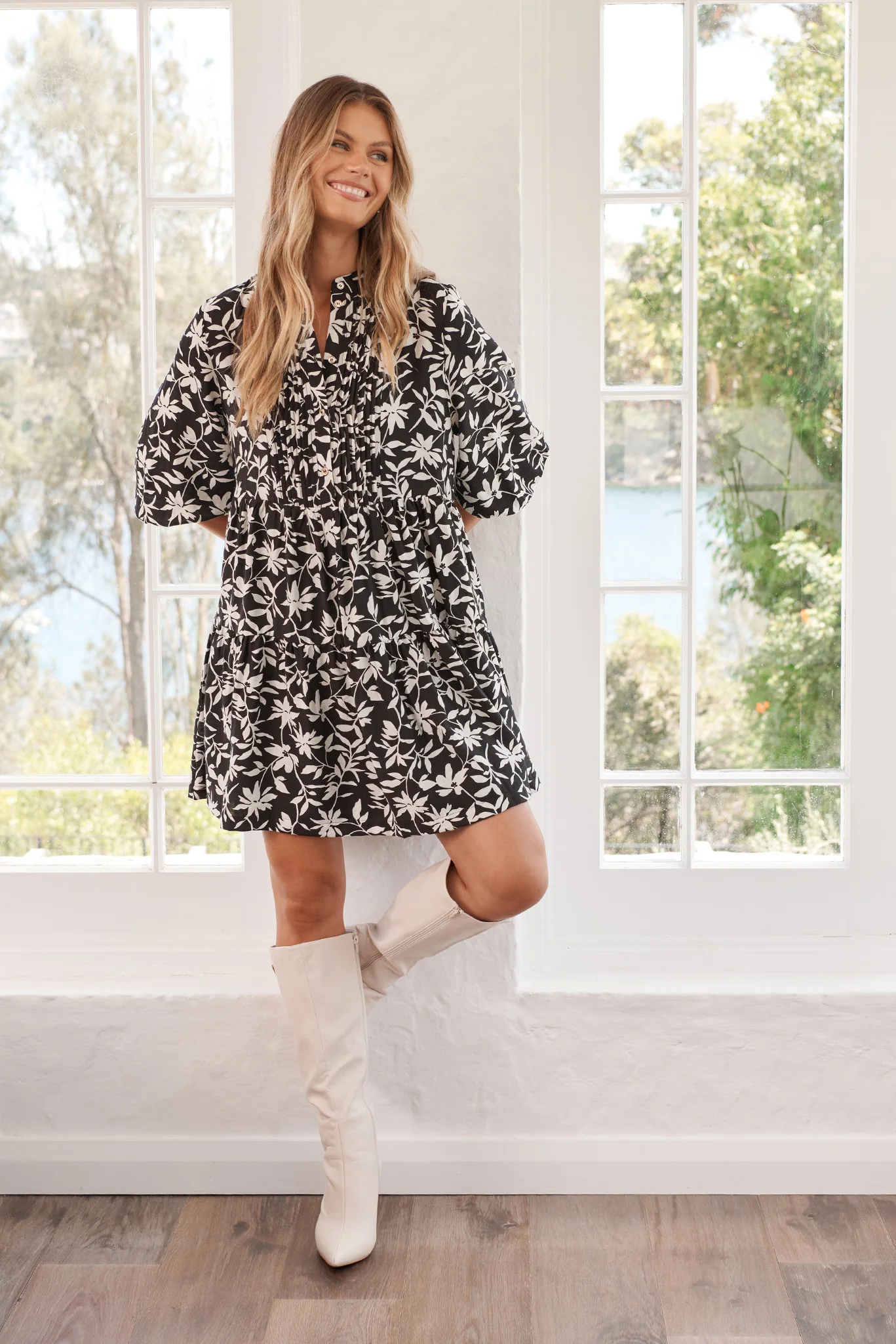 Caracelle Smock Dress Black with Cream Floral - Image 5