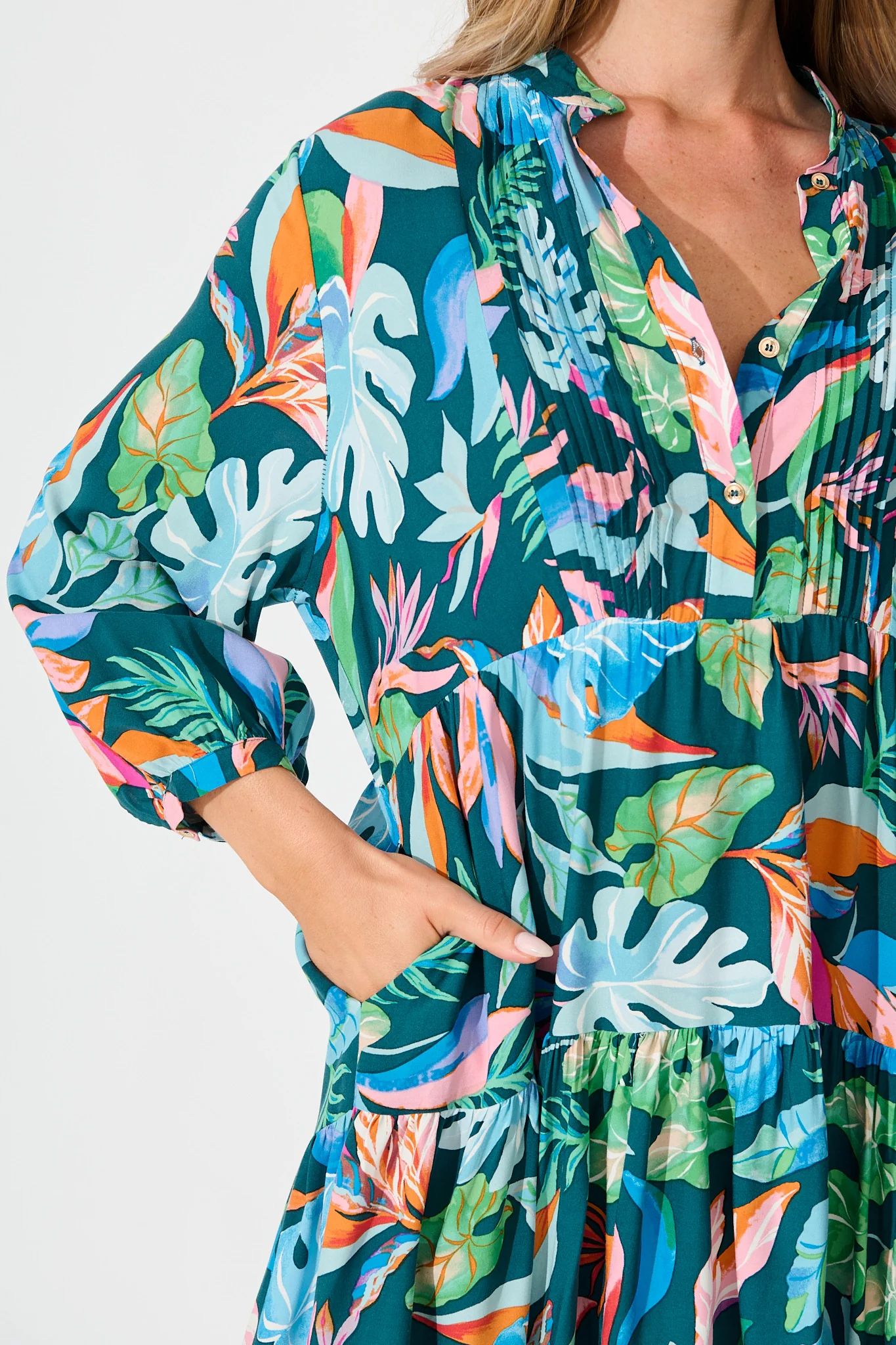 Caracelle Smock Dress in Teal with Multi Leaf Print - Image 5
