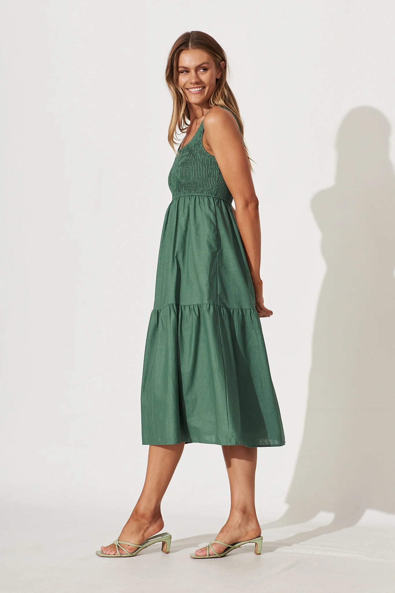 Caribbean Midi Dress In Green Cotton Linen - Image 3