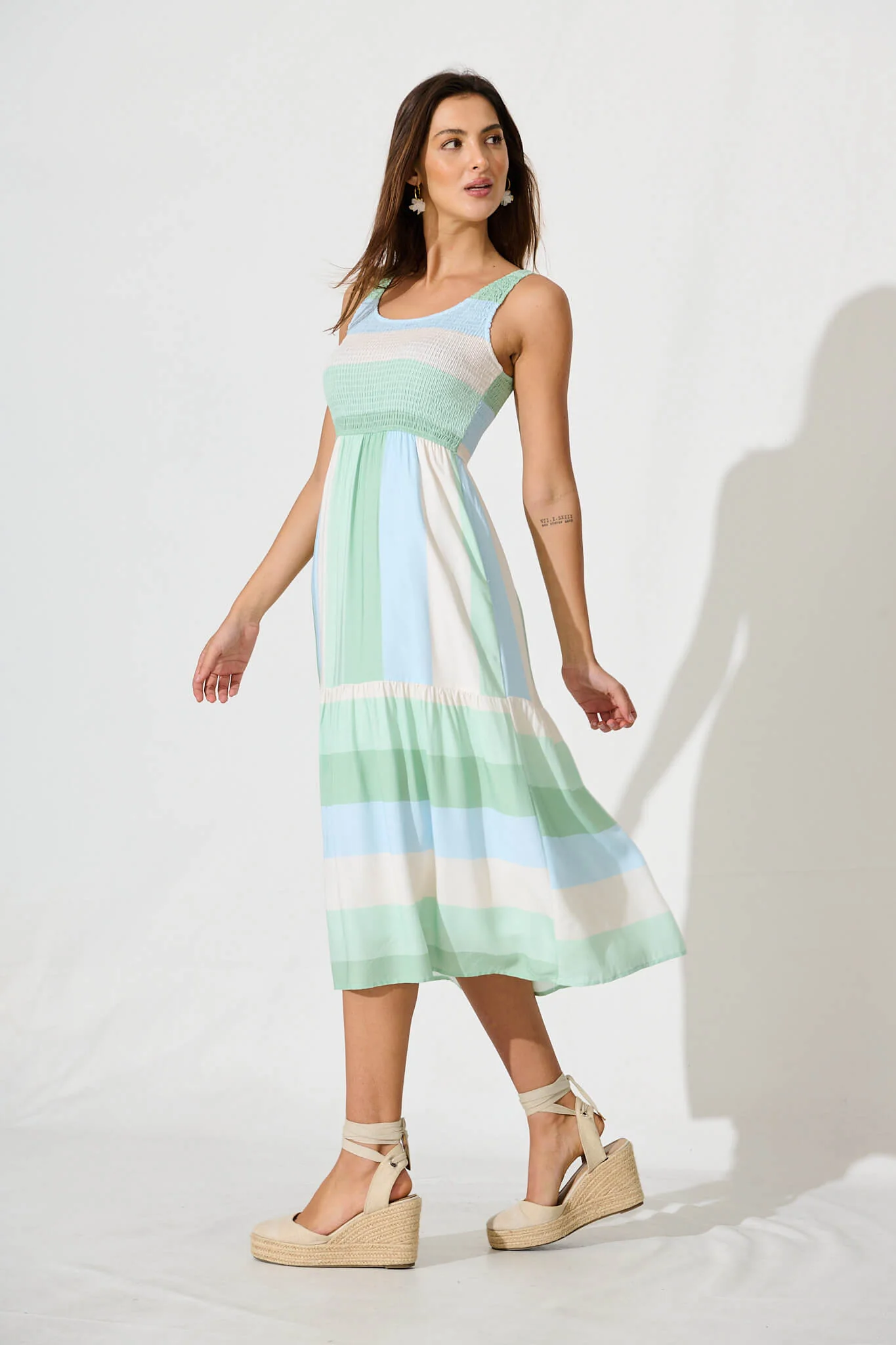 Caribbean Midi Dress In Green With Blue Linen Blend - Image 3