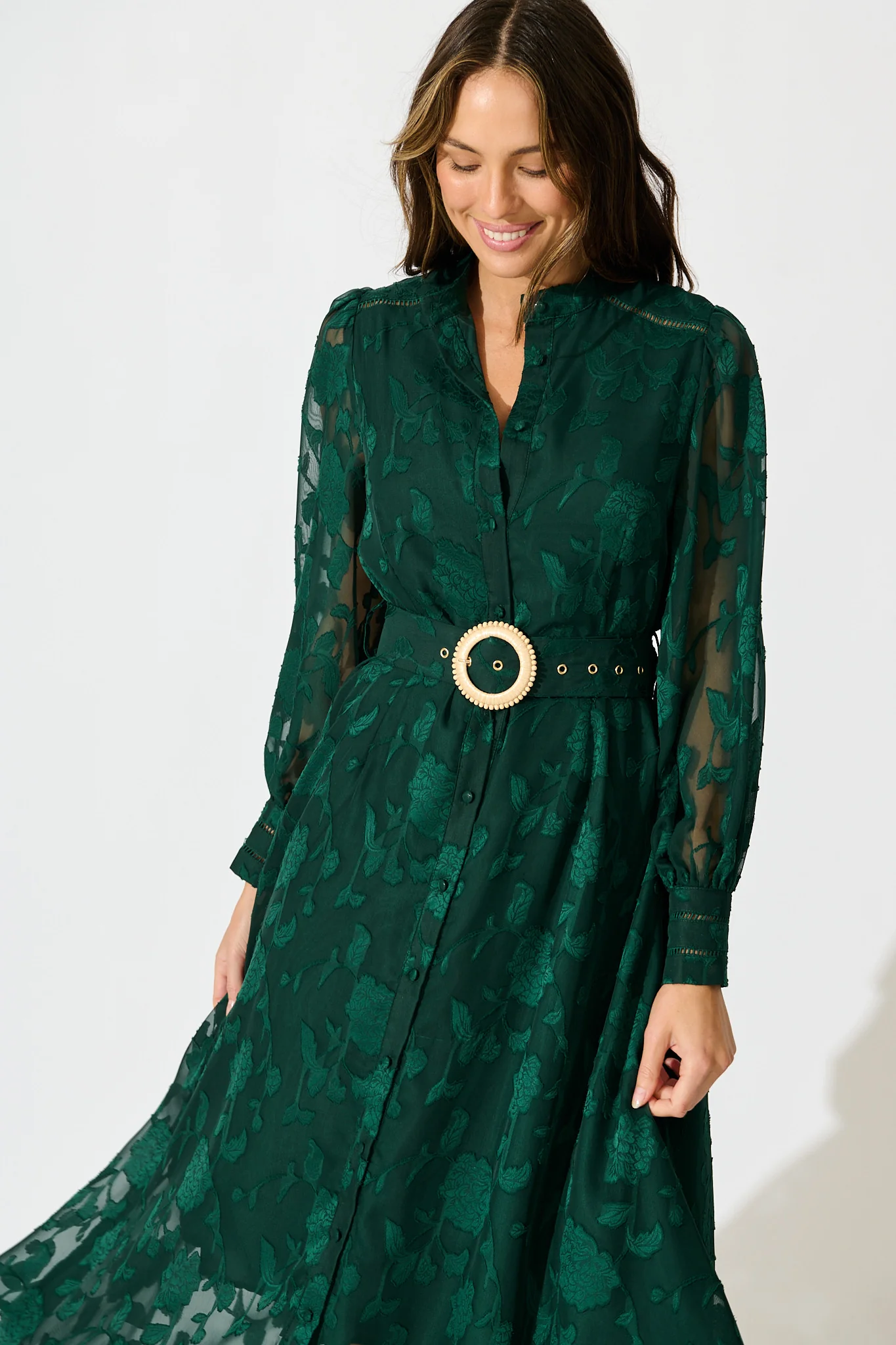 Carolina Midi Dress in Emerald Floral Burnout Chiffon - Image 2