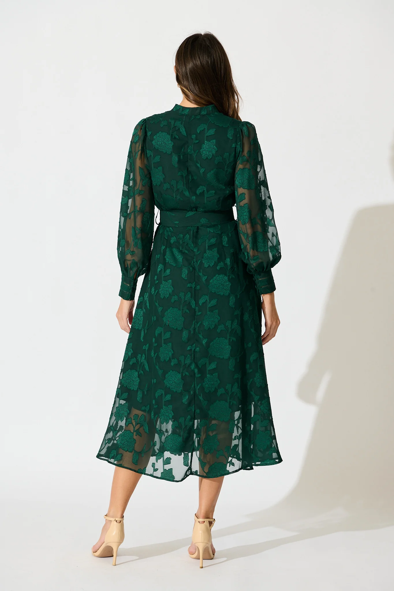 Carolina Midi Dress in Emerald Floral Burnout Chiffon - Image 4