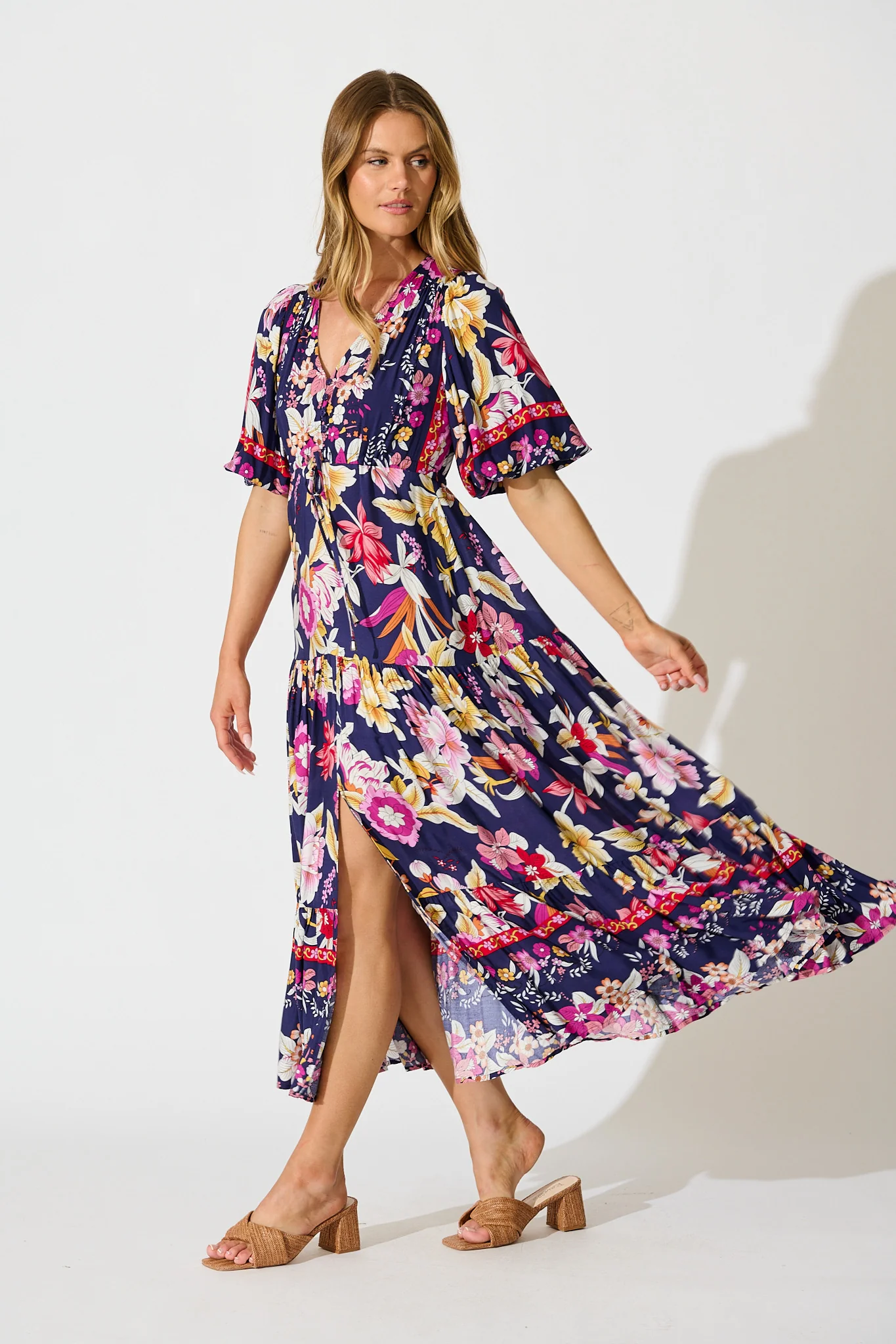 Carwen Maxi Dress in Navy with Pink Floral - Image 3