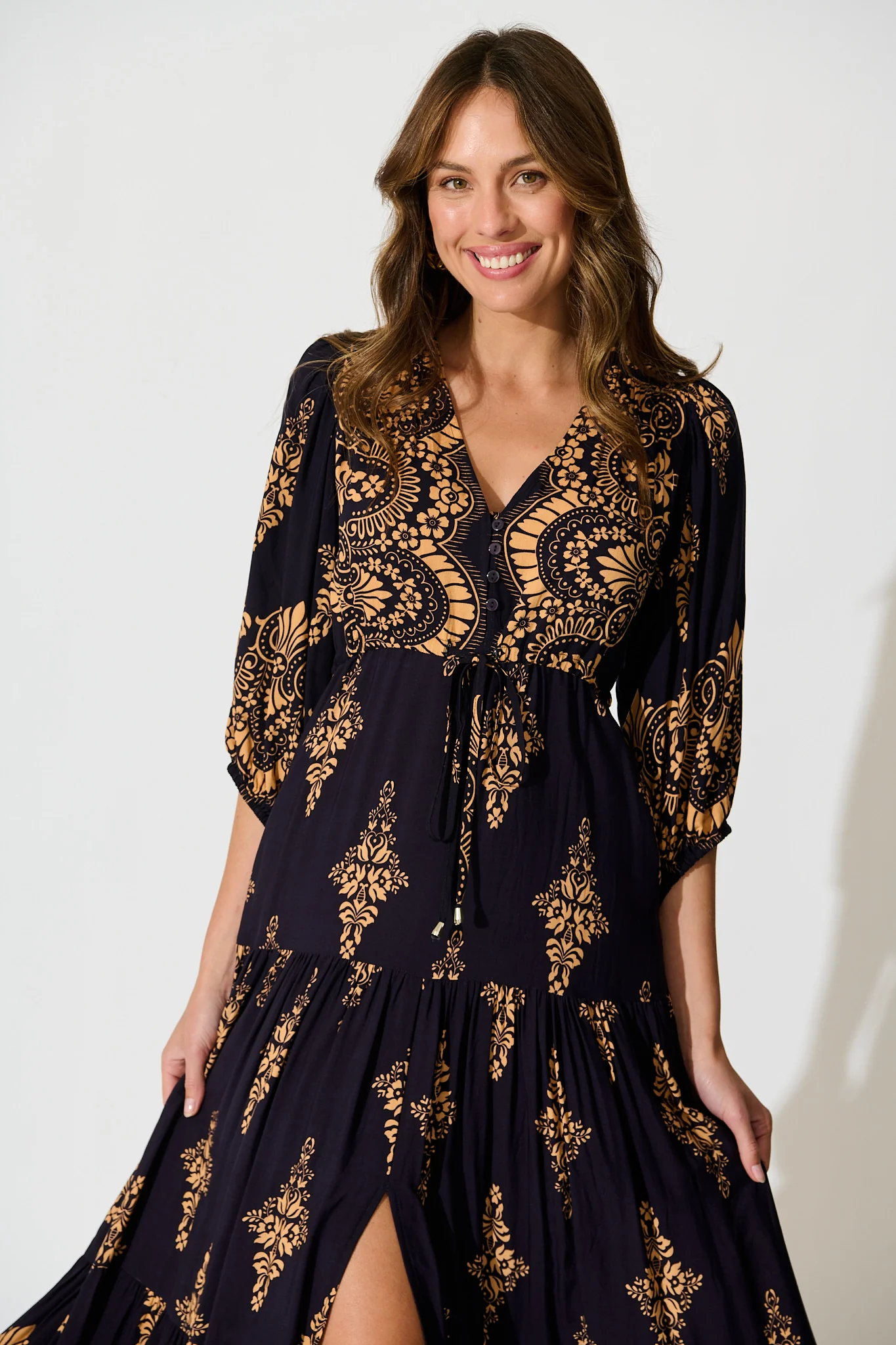 Carwen Maxi Dress in Navy with Tan Boho - Image 2