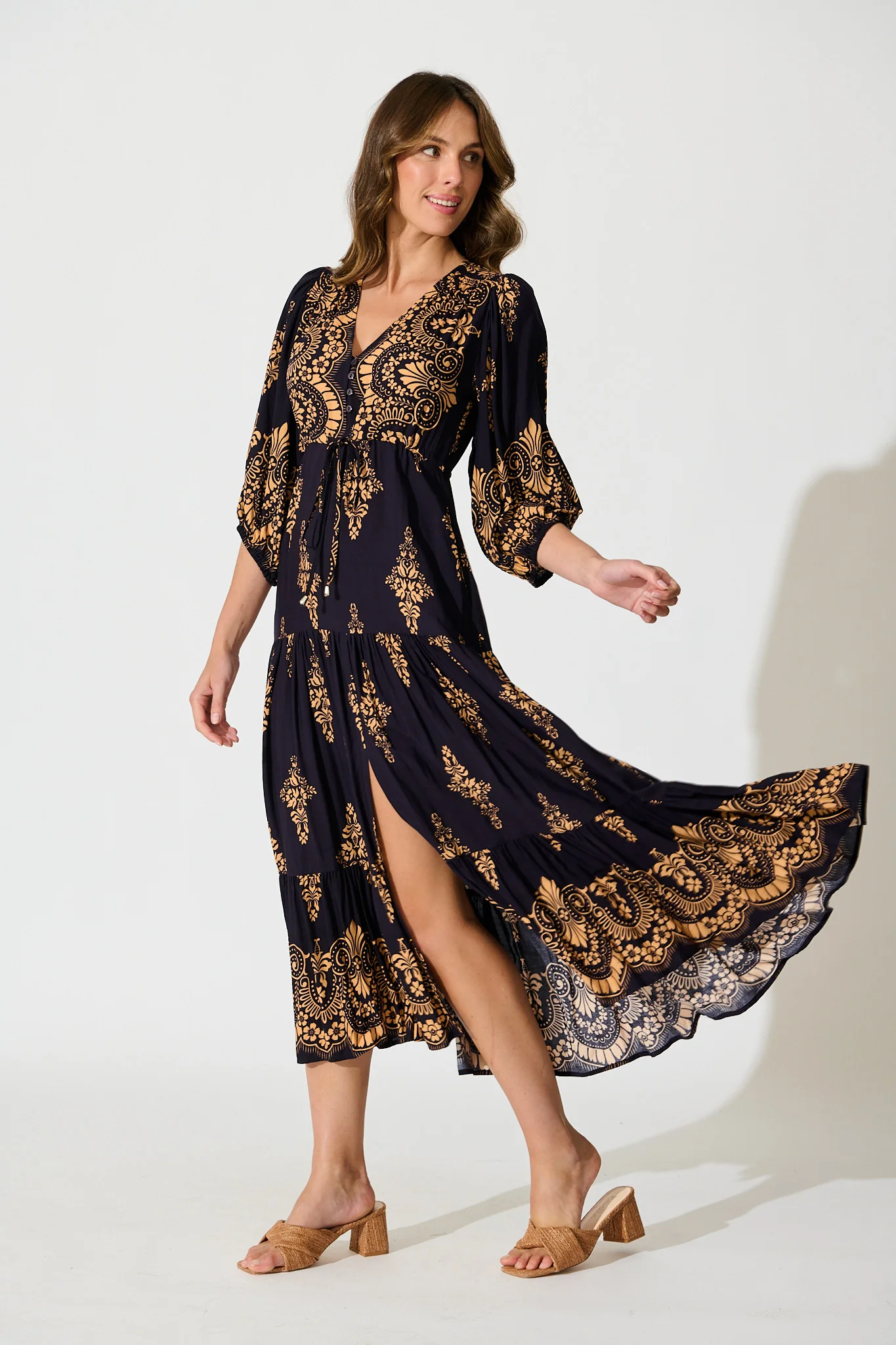 Carwen Maxi Dress in Navy with Tan Boho - Image 3