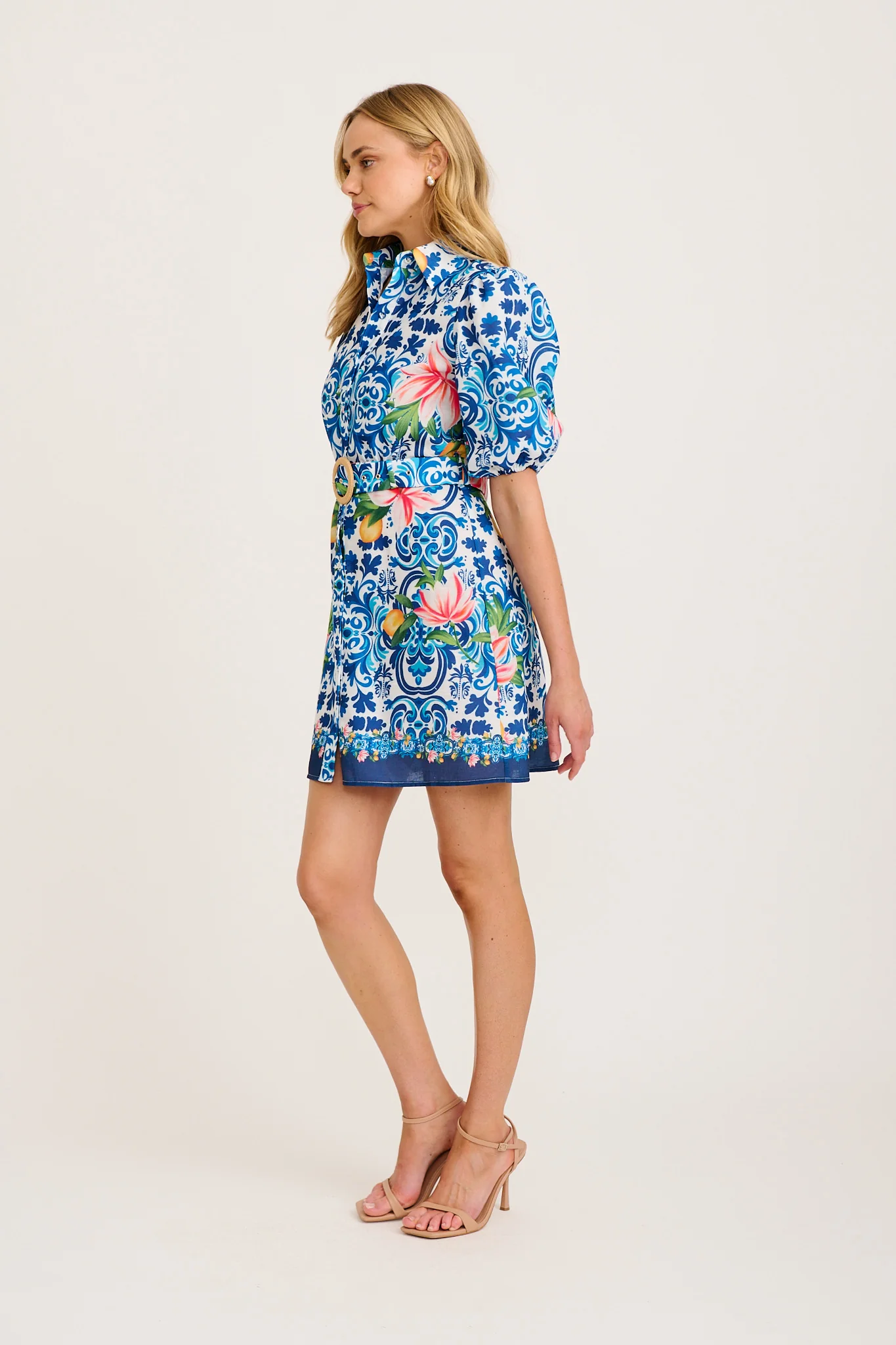 Casa Rose Shirt Dress in Blue Multi Tiles Print Linen Blend - Image 3