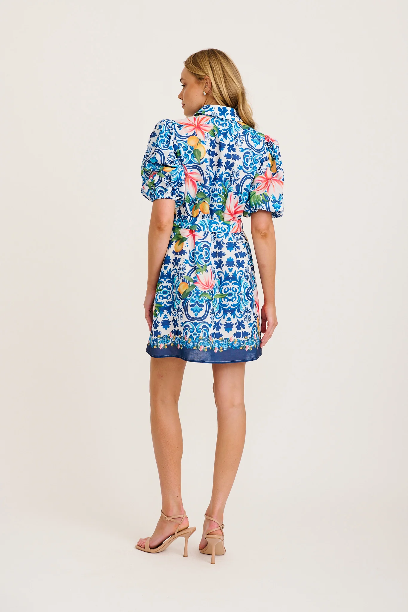 Casa Rose Shirt Dress in Blue Multi Tiles Print Linen Blend - Image 4