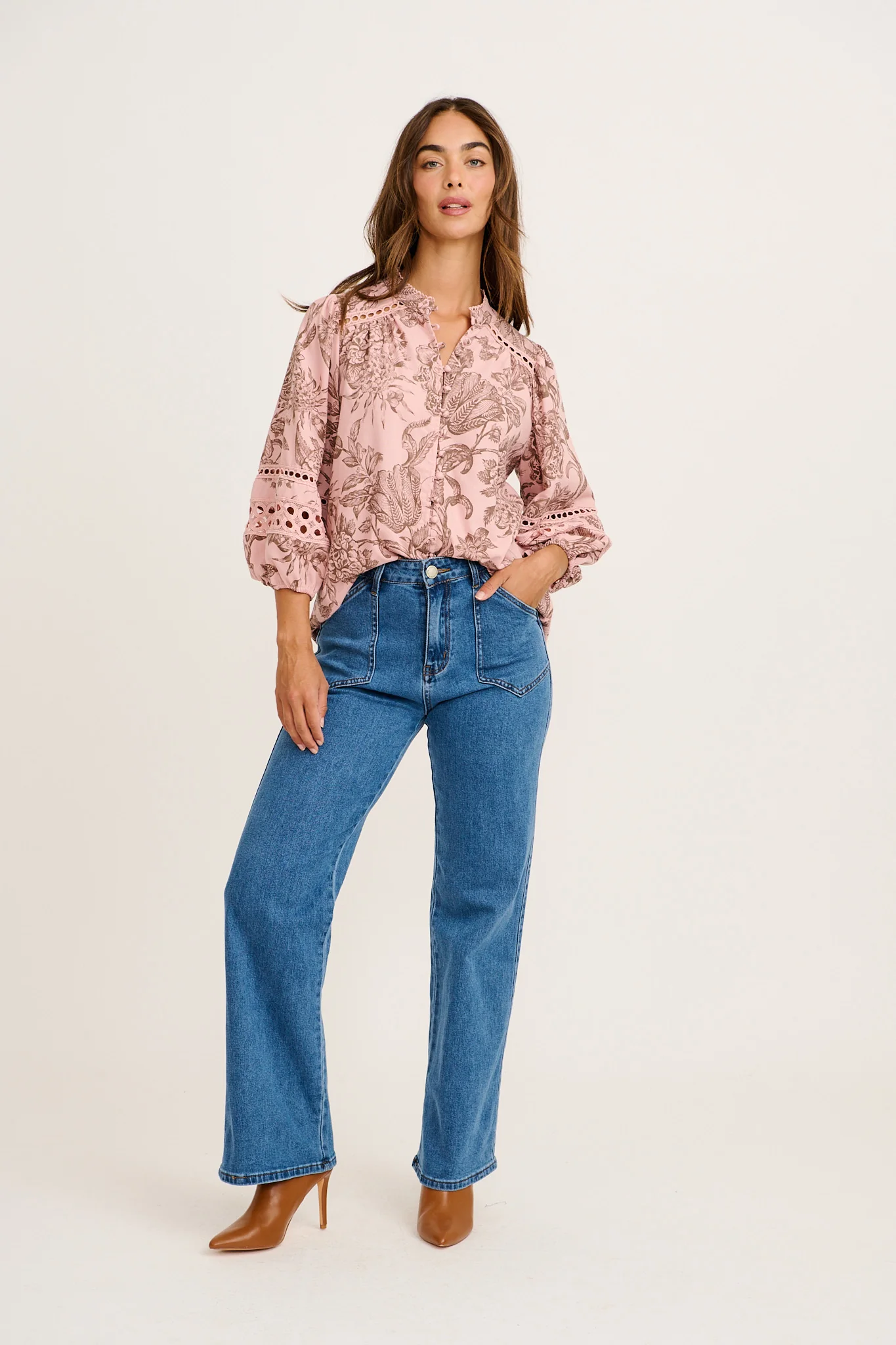 Cascades Top in Pink with Brown Leaf Cotton Linen - Image 4